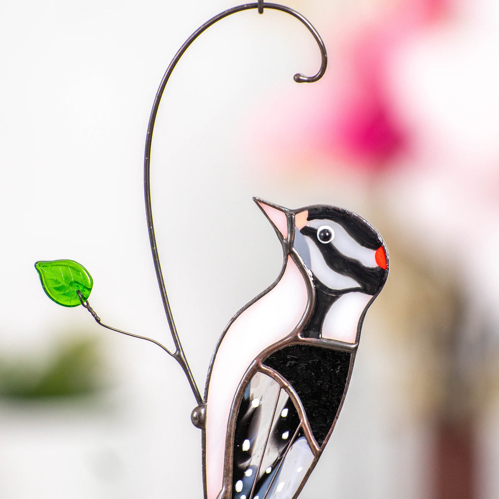 Downy woodpecker stained glass window hangings Godfather gift Custom stained glass bird suncatcher New mom gift Handmade product