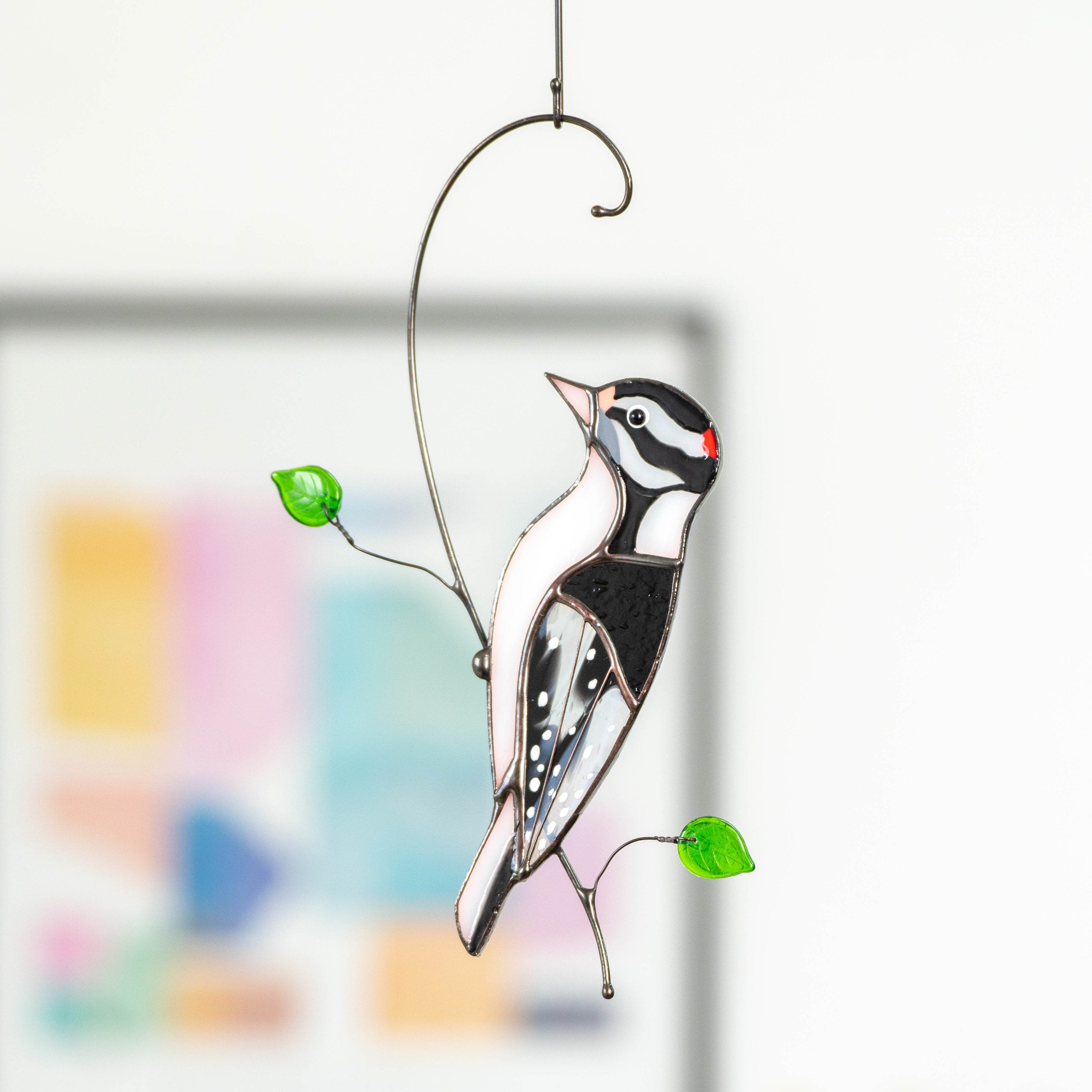 Downy woodpecker stained glass window hangings Godfather gift Custom stained glass bird suncatcher New mom gift Handmade product
