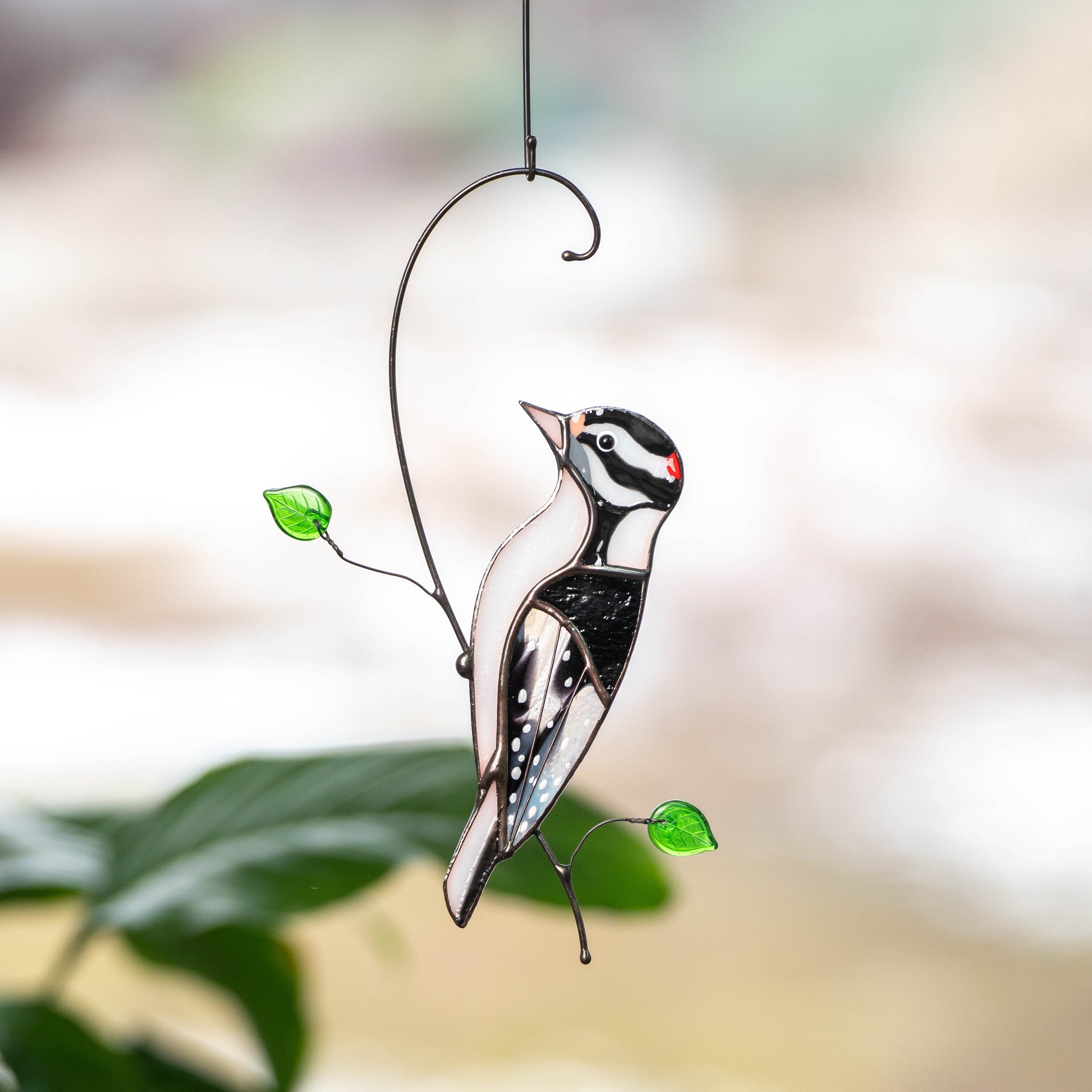 Downy woodpecker stained glass window hangings Godfather gift Custom stained glass bird suncatcher New mom gift Handmade product
