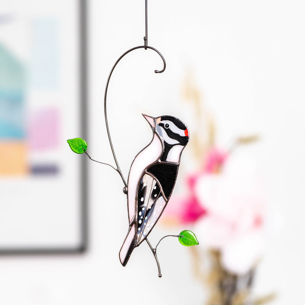 Downy woodpecker stained glass window hangings Godfather gift Custom stained glass bird suncatcher New mom gift Handmade product