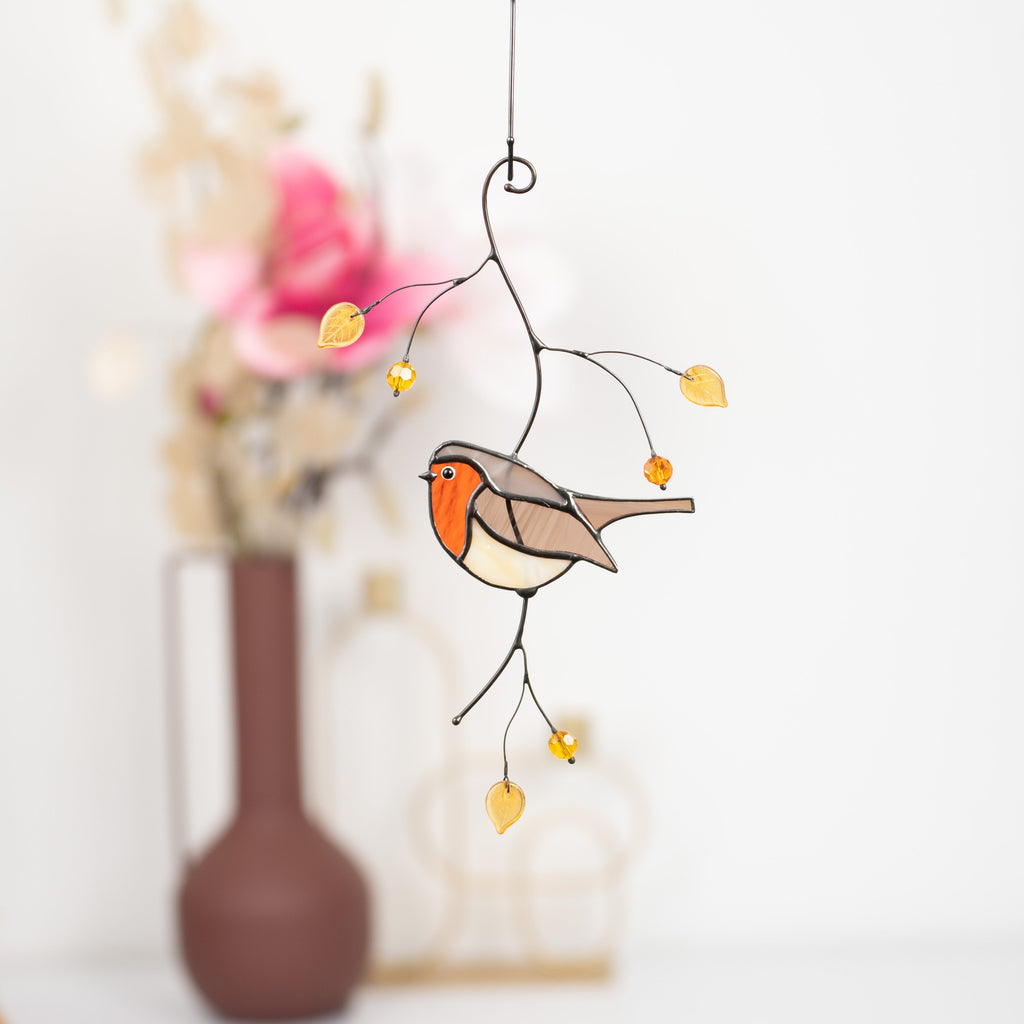 Modern stained glass window hangings Mothers day gift Robin bird Stained glass bird suncatcher House warming gifts new home