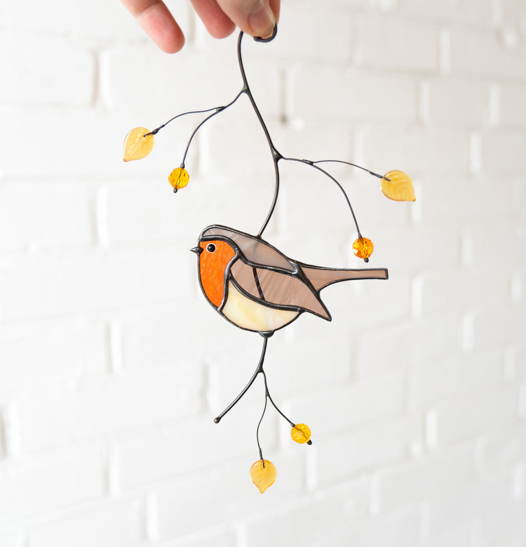 Modern stained glass window hangings Mothers day gift Robin bird Stained glass bird suncatcher House warming gifts new home