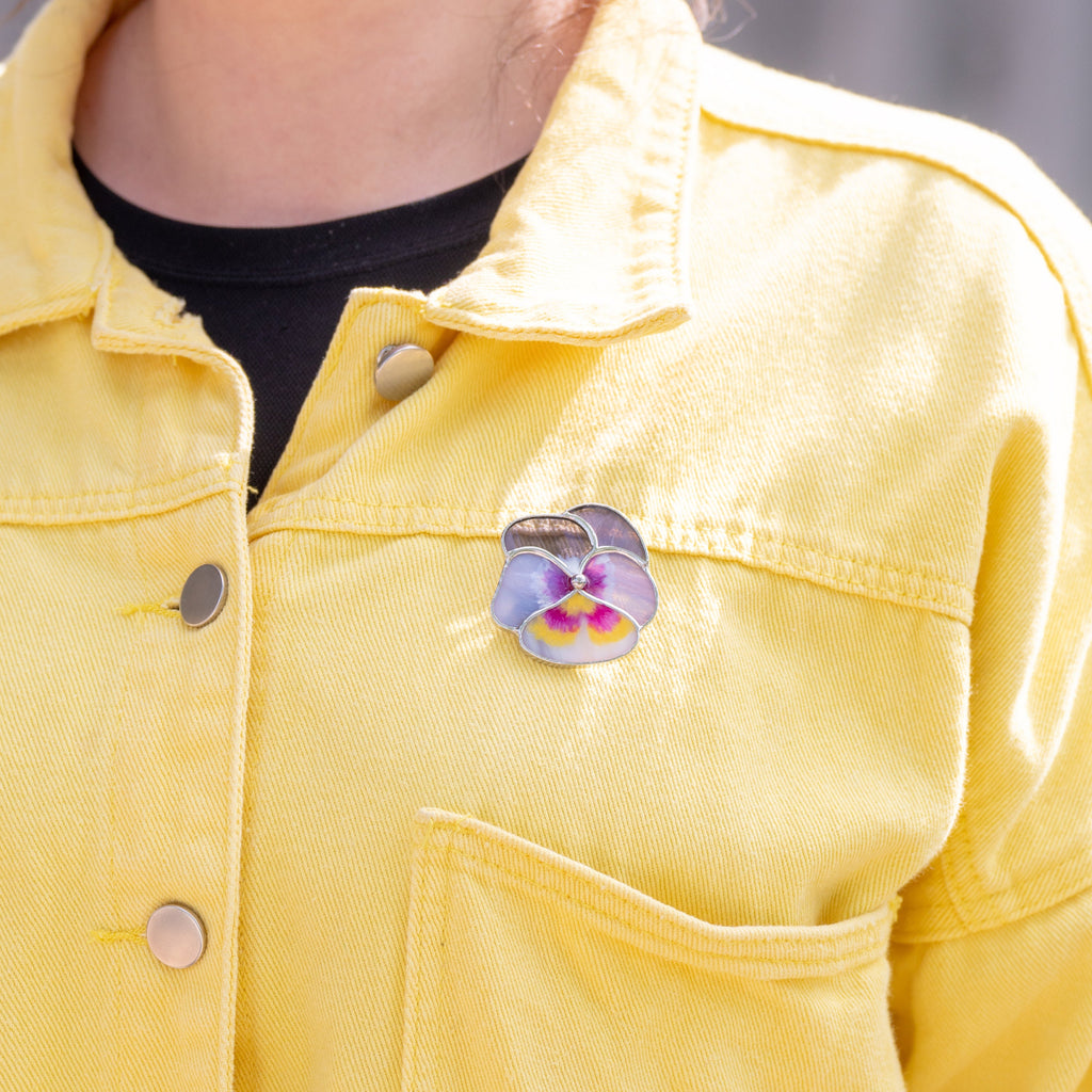 Pansy stained glass brooch Viola flower Cottagecore jewelry gift for her