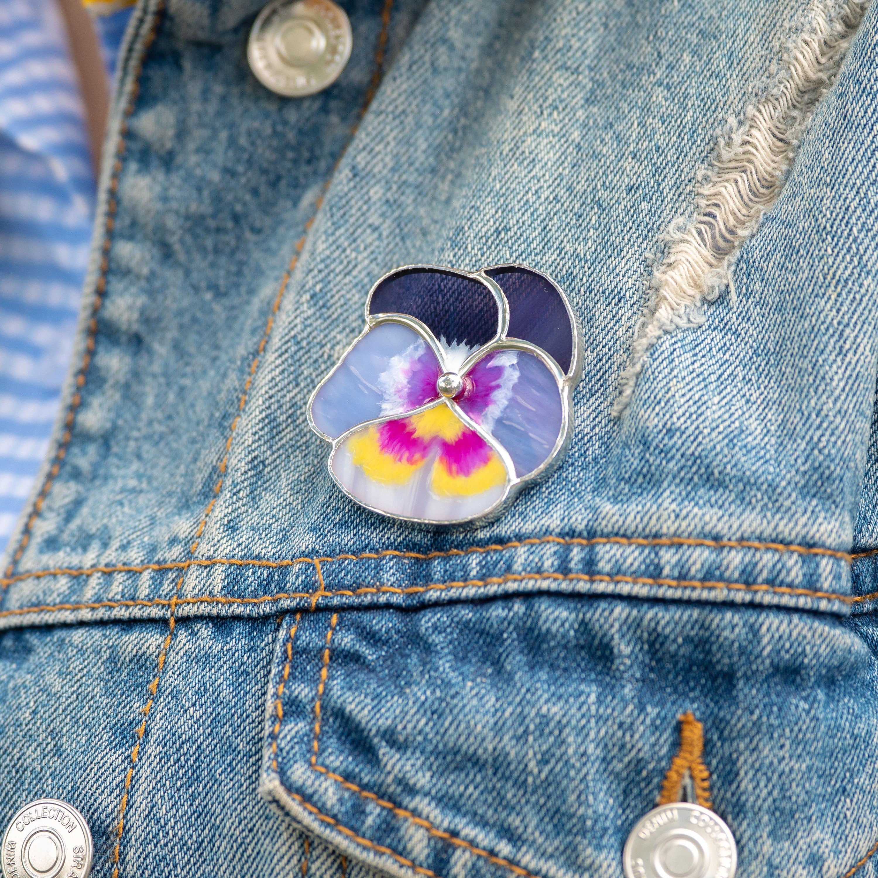 Pansy stained glass brooch Viola flower Cottagecore jewelry gift for her