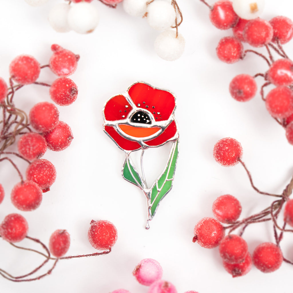 Stained glass poppy brooch Mother in law gift Art nouveau jewelry