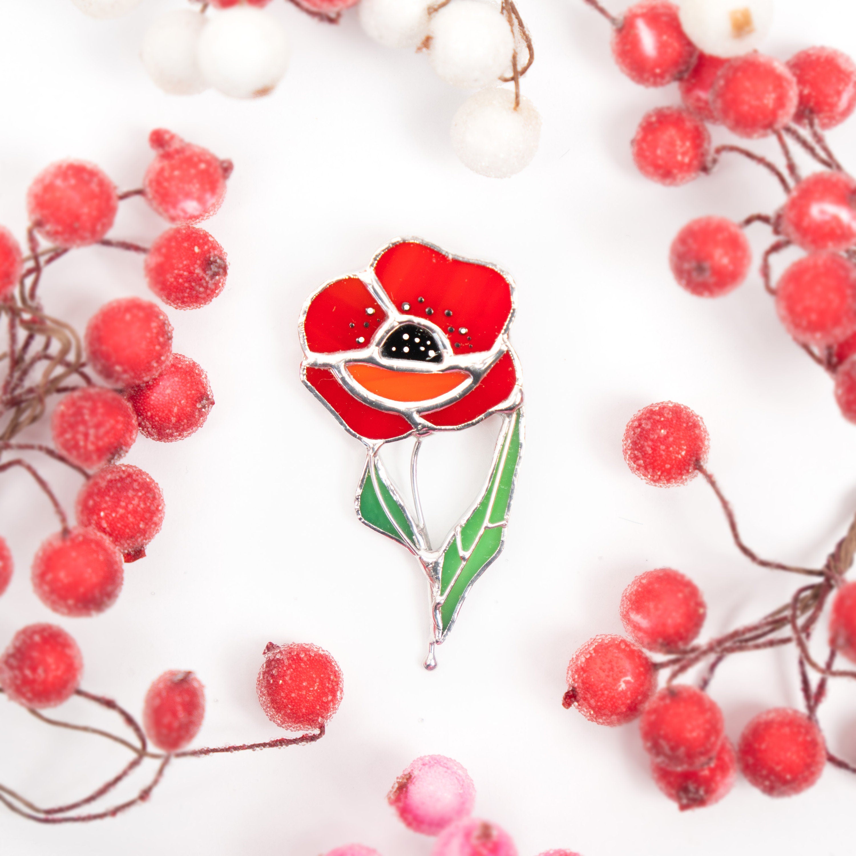 Stained glass poppy brooch Mother in law gift Art nouveau jewelry