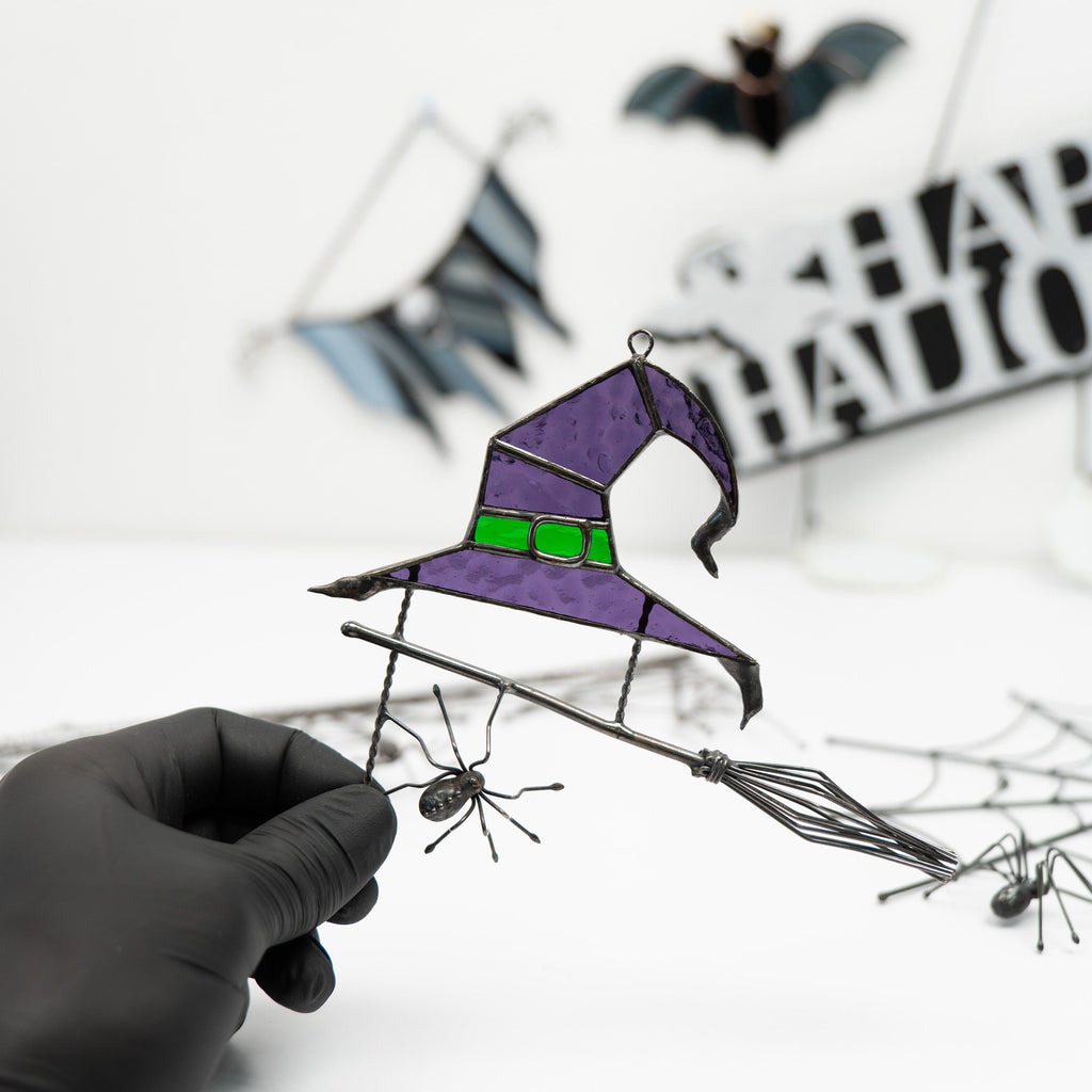 Stained glass witches broom Halloween spirit Custom stained glass window hangings Wizard hat Halloween stained glass web suncatchers