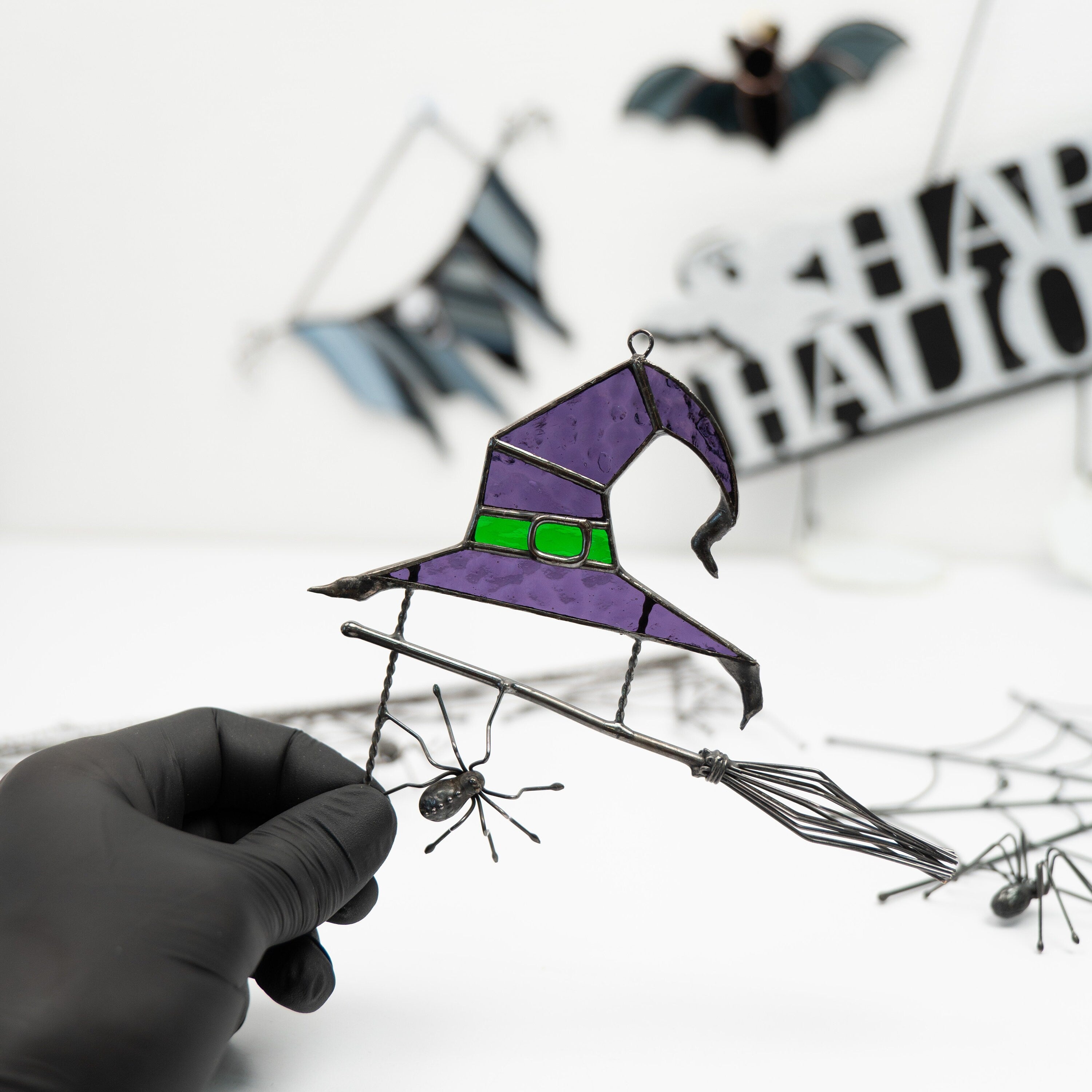 Stained glass witches broom Halloween spirit Custom stained glass window hangings Wizard hat Halloween stained glass web suncatchers