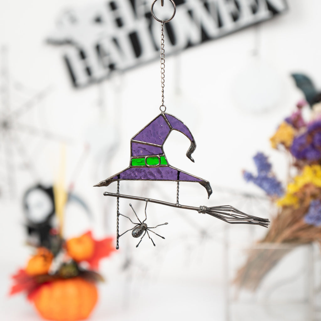 Stained glass witches broom Halloween spirit Custom stained glass window hangings Wizard hat Halloween stained glass web suncatchers