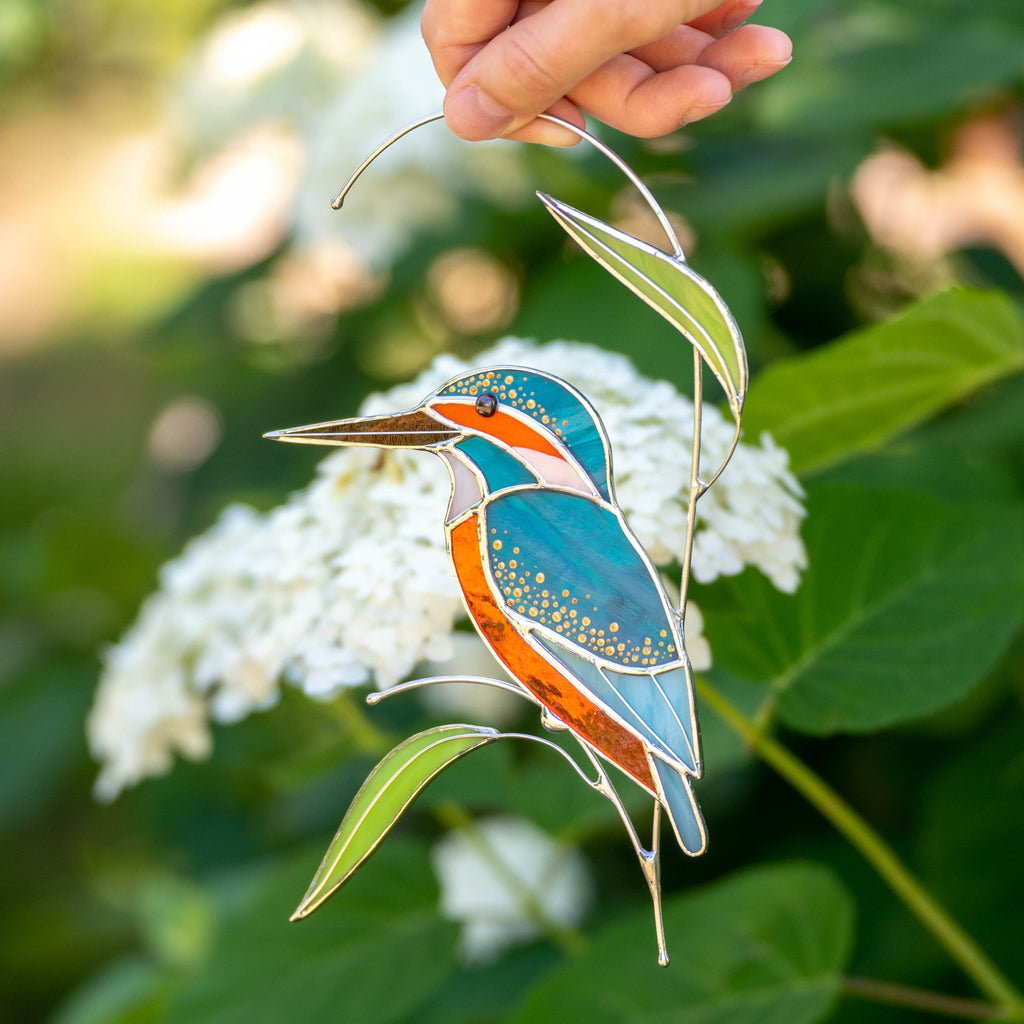 Stained glass bird Kingfisher Unique gift for mom Modern stained glass window hangings Kingfisher art