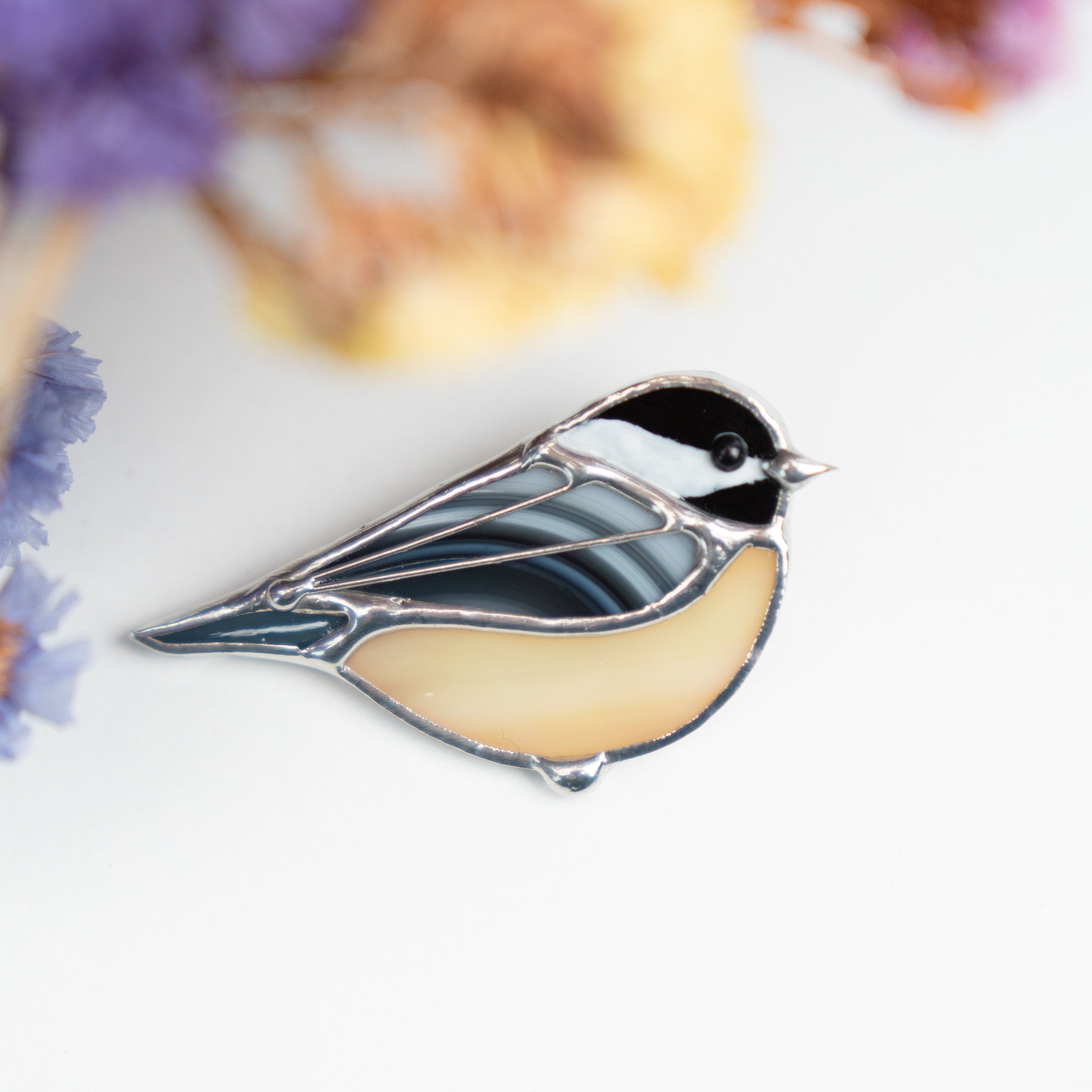Stained glass bird brooch Unique gift for mom Chickadee bird jewelry