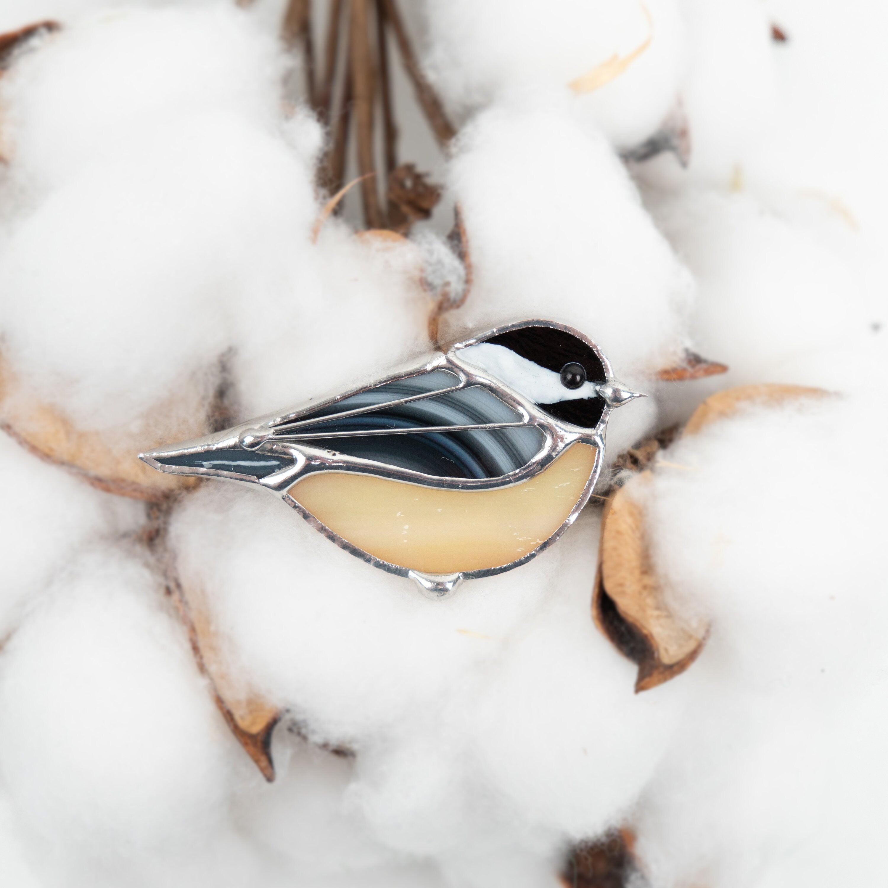 Stained glass bird brooch Unique gift for mom Chickadee bird jewelry