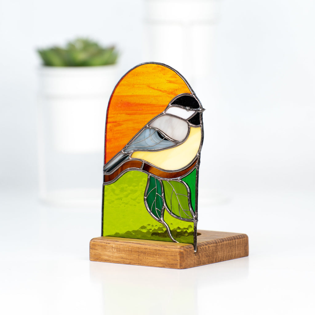 Chickadee stained glass candle holder Grandma gift Custom stained glass bird panel Modern stained glass suncatcher