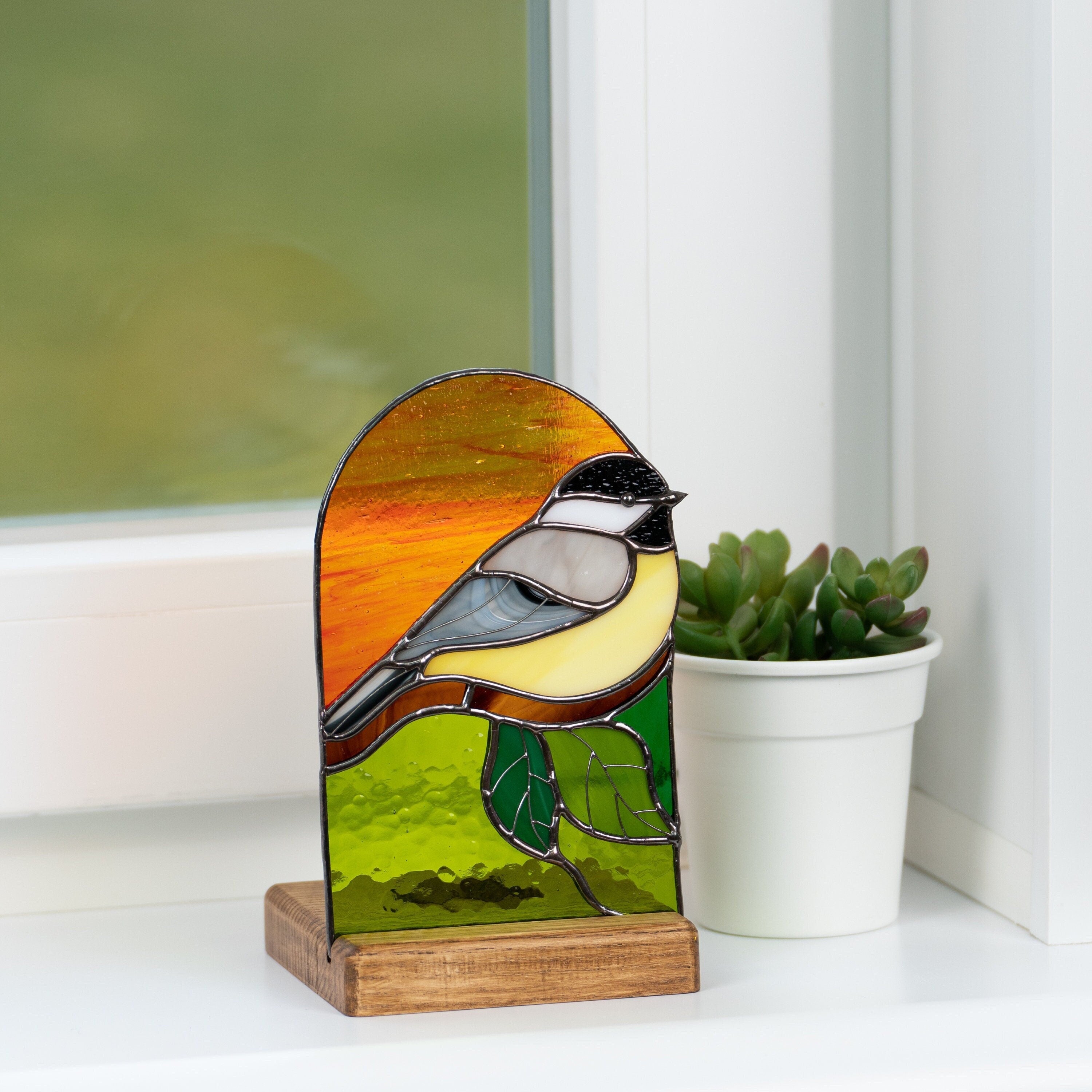 Chickadee stained glass candle holder Grandma gift Custom stained glass bird panel Modern stained glass suncatcher