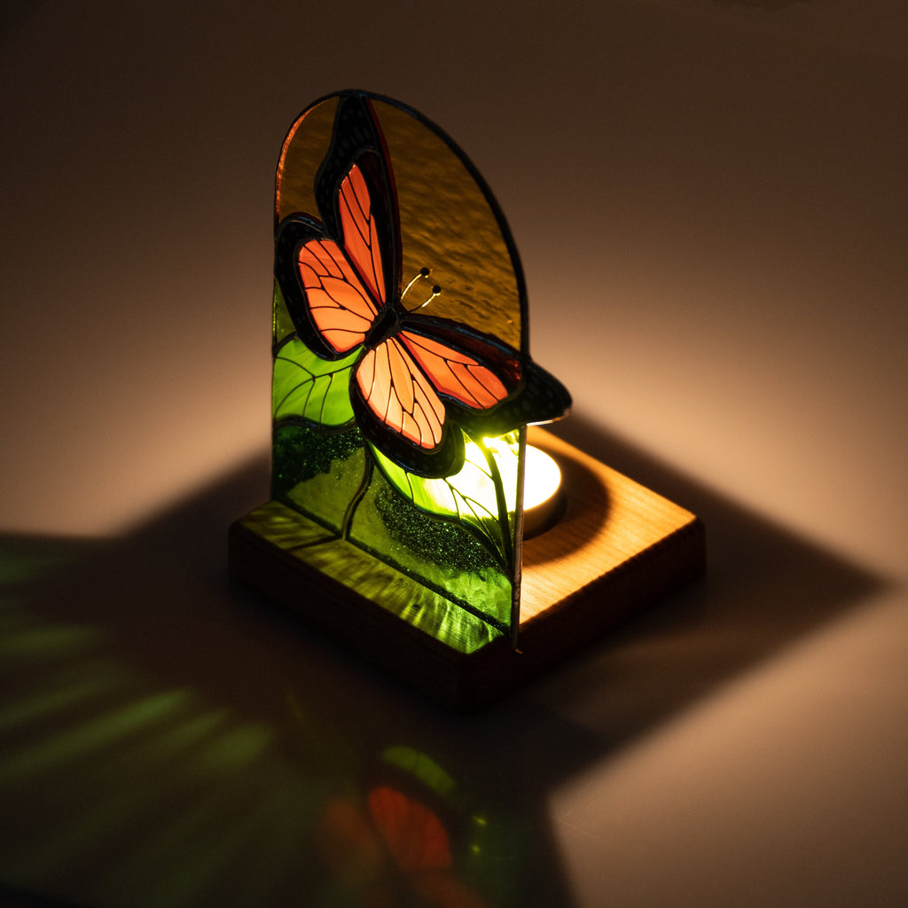 Monarch butterfly stained glass panel Best gift for mom Custom stained glass art Stained glass candle holder