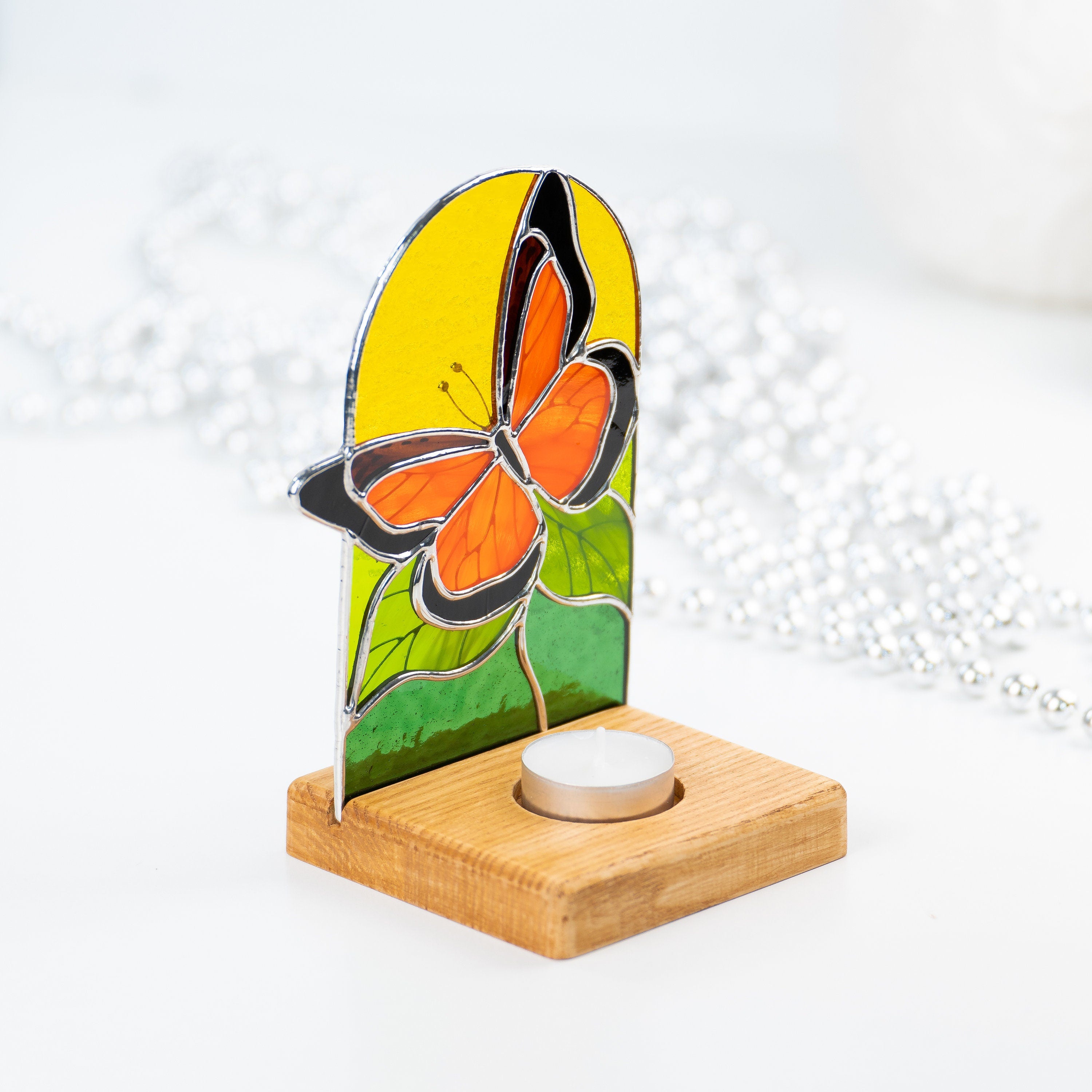 Monarch butterfly stained glass panel Best gift for mom Custom stained glass art Stained glass candle holder