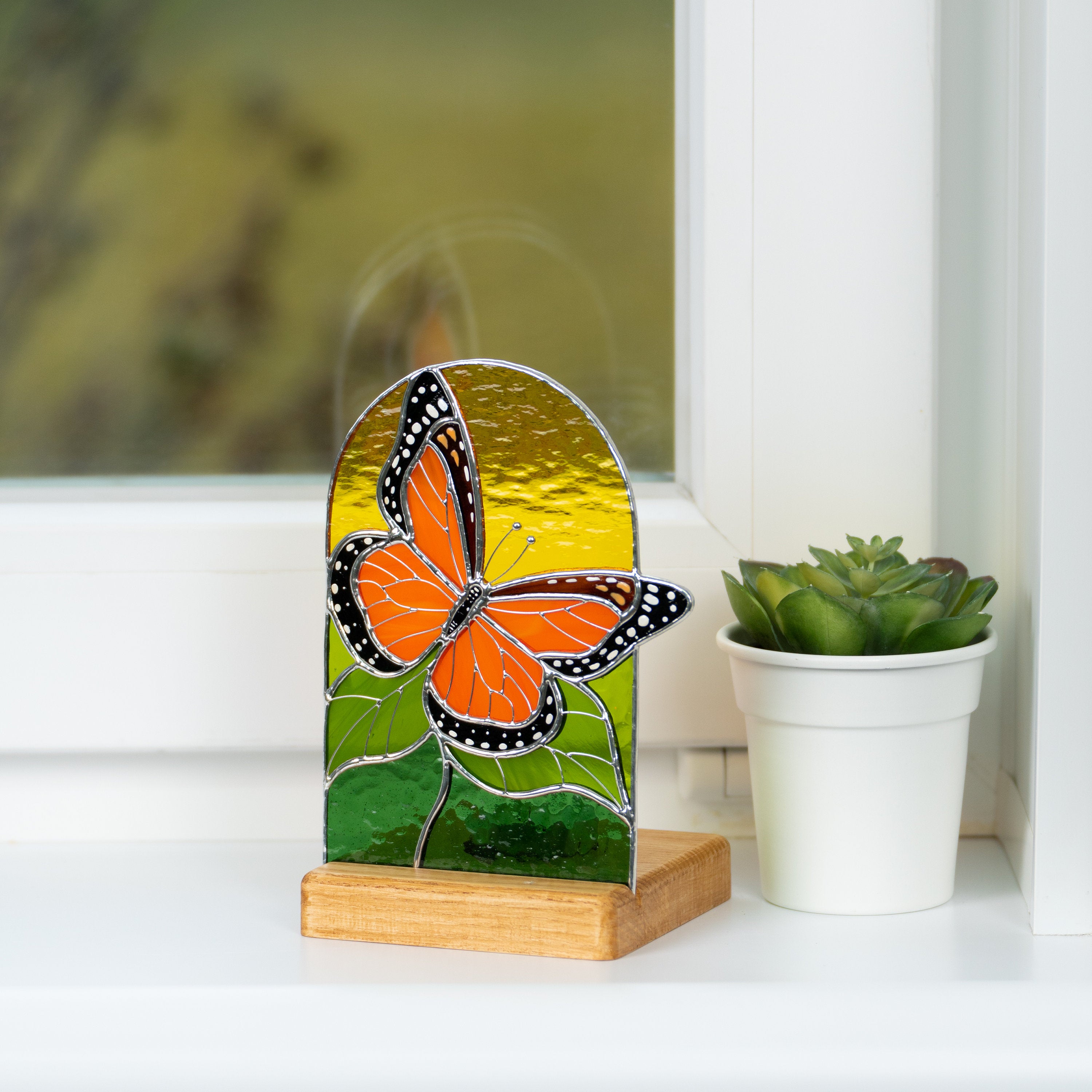 Monarch butterfly stained glass panel Best gift for mom Custom stained glass art Stained glass candle holder