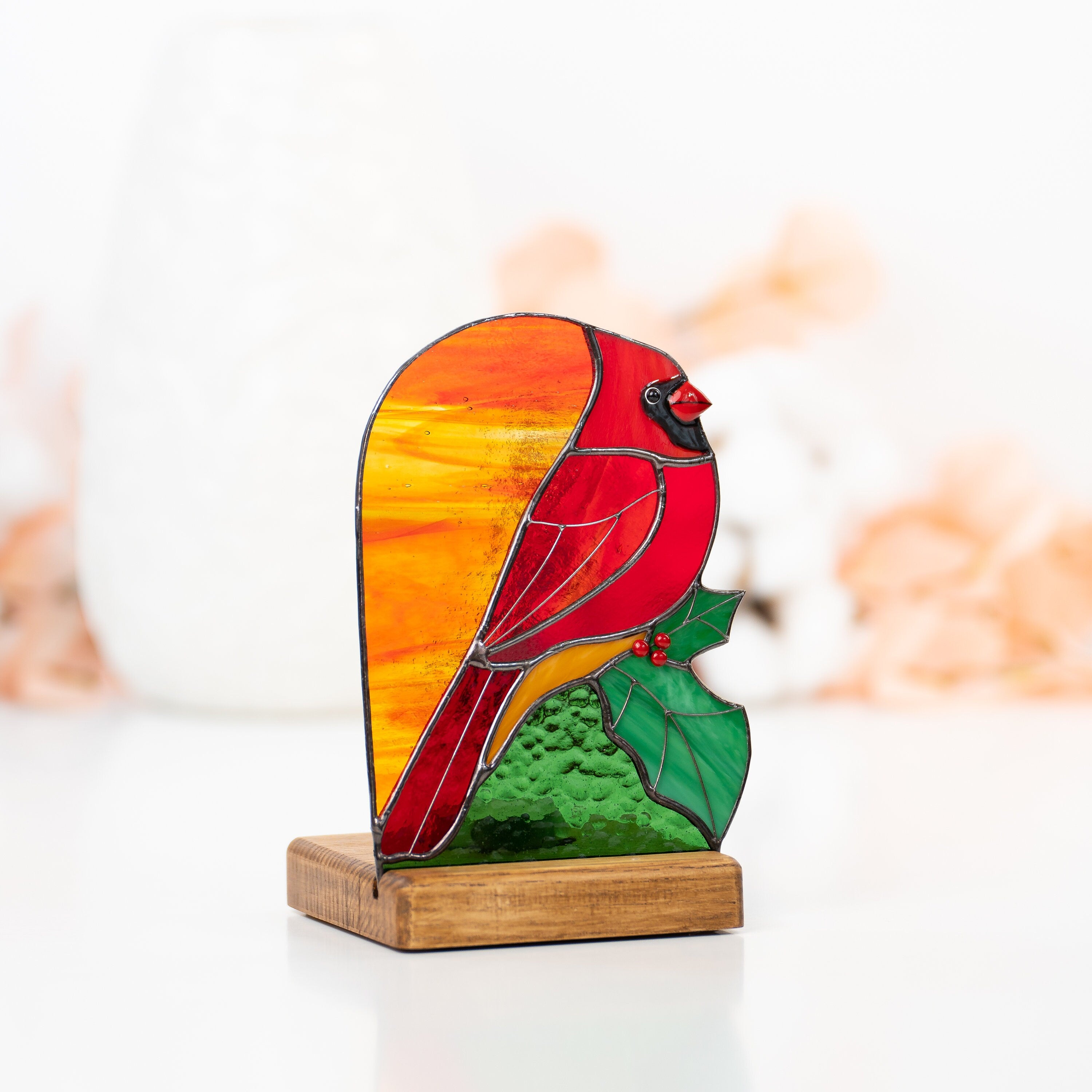 Stained glass cardinal suncatcher Godfather gift Cardinal ornament Wood candle holder Custom stained glass window panel with Holly Leaves