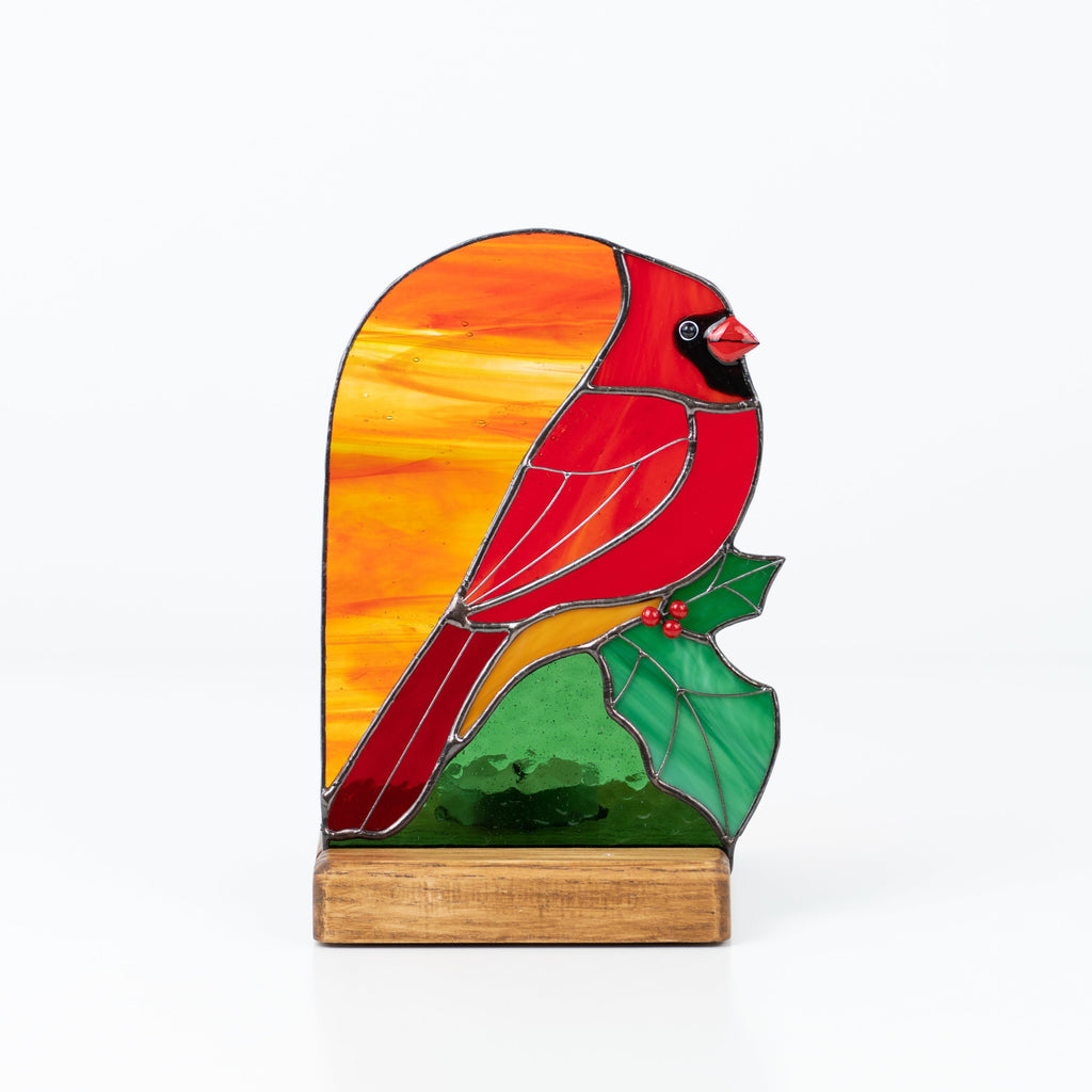 Stained glass cardinal suncatcher Godfather gift Cardinal ornament Wood candle holder Custom stained glass window panel with Holly Leaves