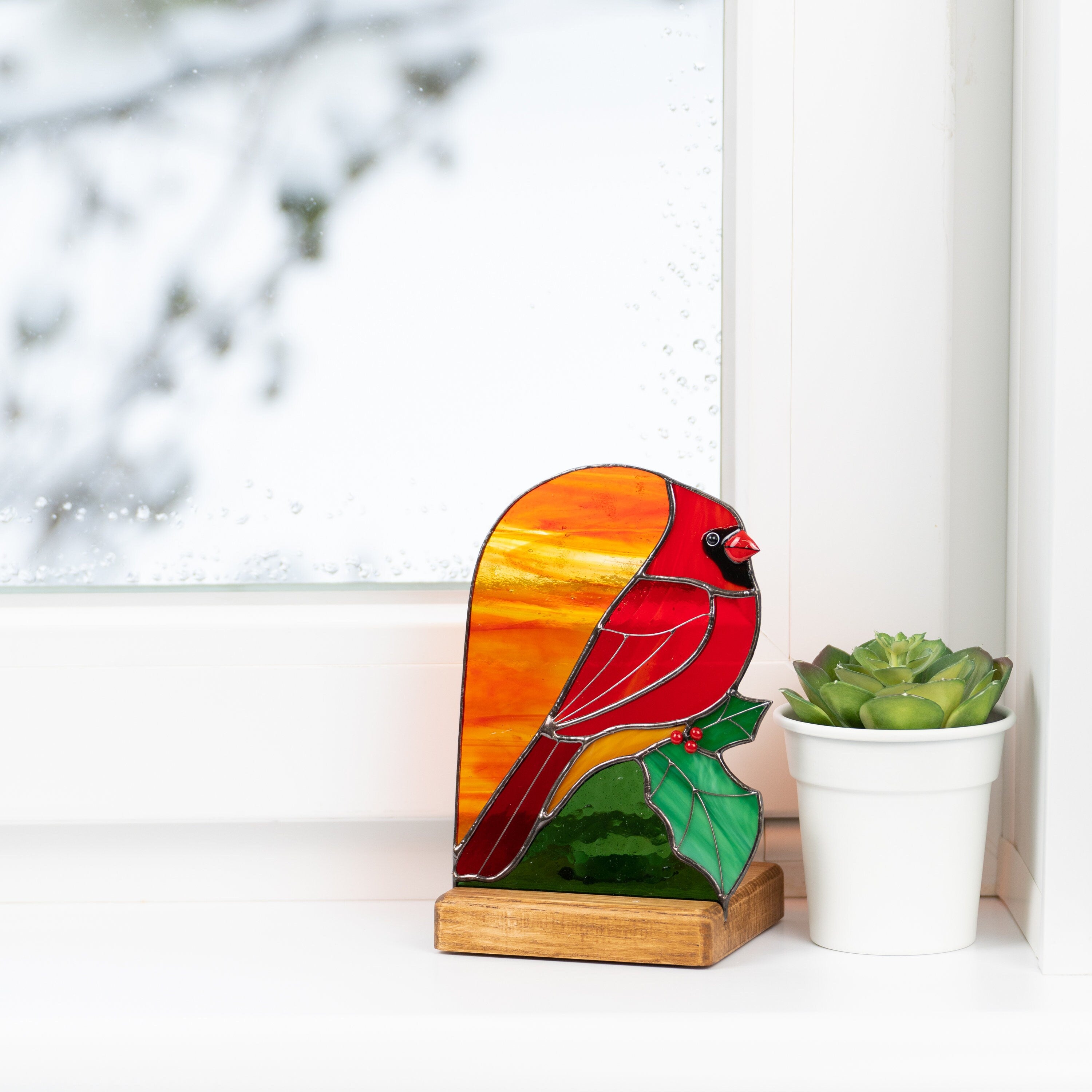 Stained glass cardinal suncatcher Godfather gift Cardinal ornament Wood candle holder Custom stained glass window panel with Holly Leaves