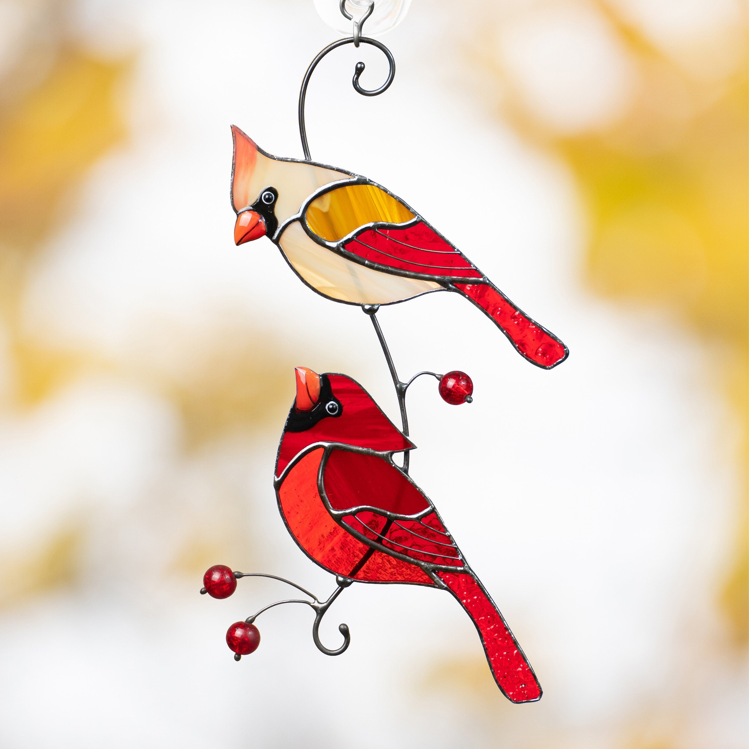 Stained glass cardinal ornament Best gift for mom Cardinal stained glass window hangings Garden art Modern stained glass bird suncatcher