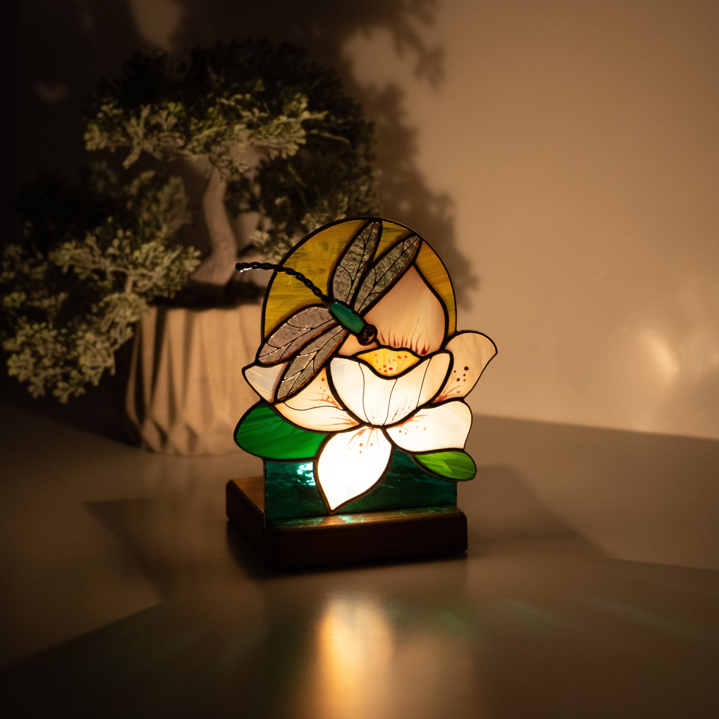 Dragonfly stained glass window wooden candle holder Daughter in law gift Custom stained glass flower suncatcher Dragonfly gifts