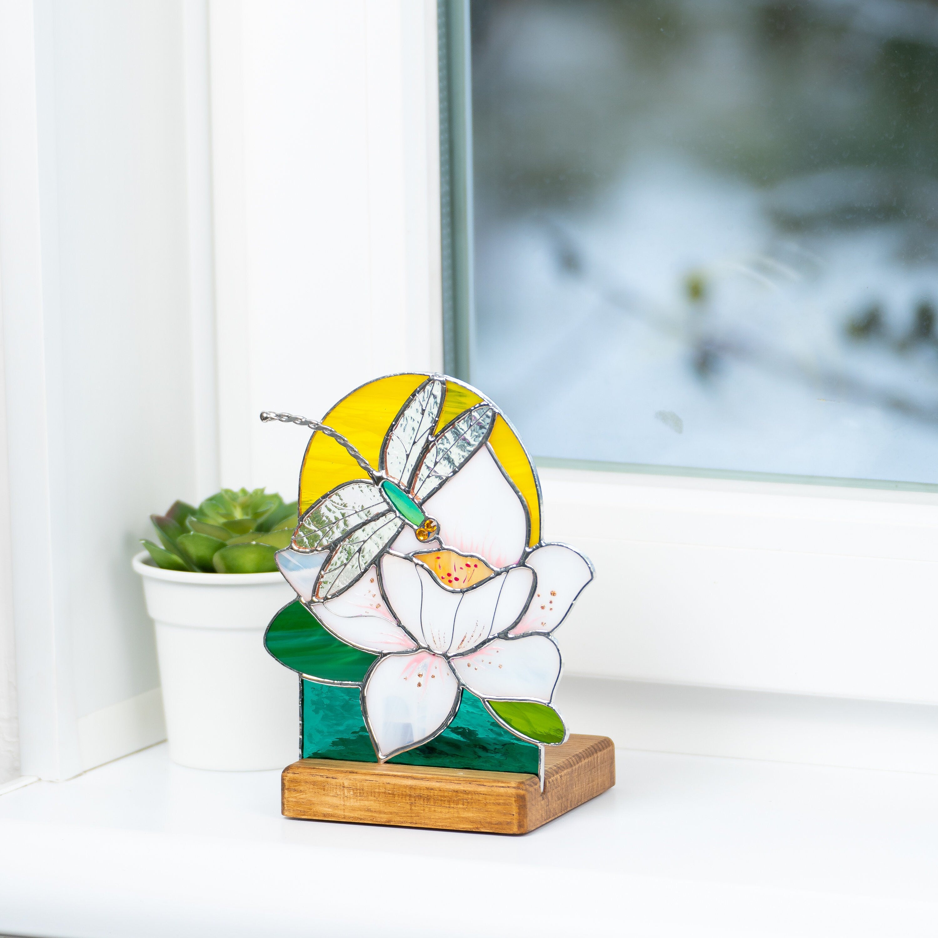 Dragonfly stained glass window wooden candle holder Daughter in law gift Custom stained glass flower suncatcher Dragonfly gifts