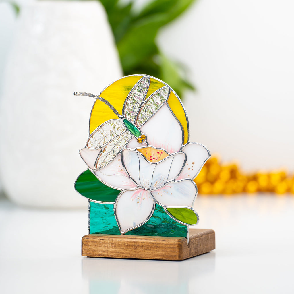 Dragonfly stained glass window wooden candle holder Daughter in law gift Custom stained glass flower suncatcher Dragonfly gifts