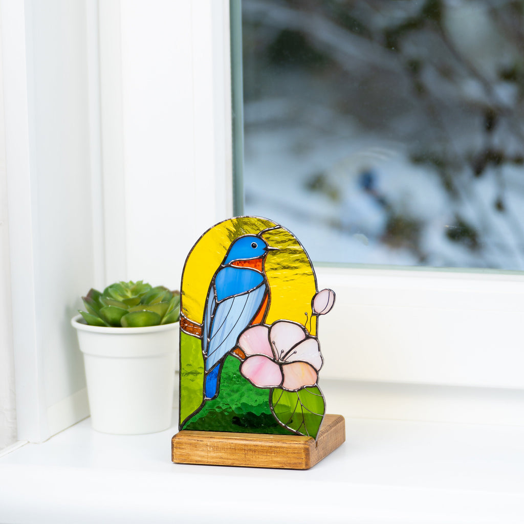Bluebird stained glass panel House warming gifts new home New mom gift Stained glass candle holder Custom stained glass bird suncatcher