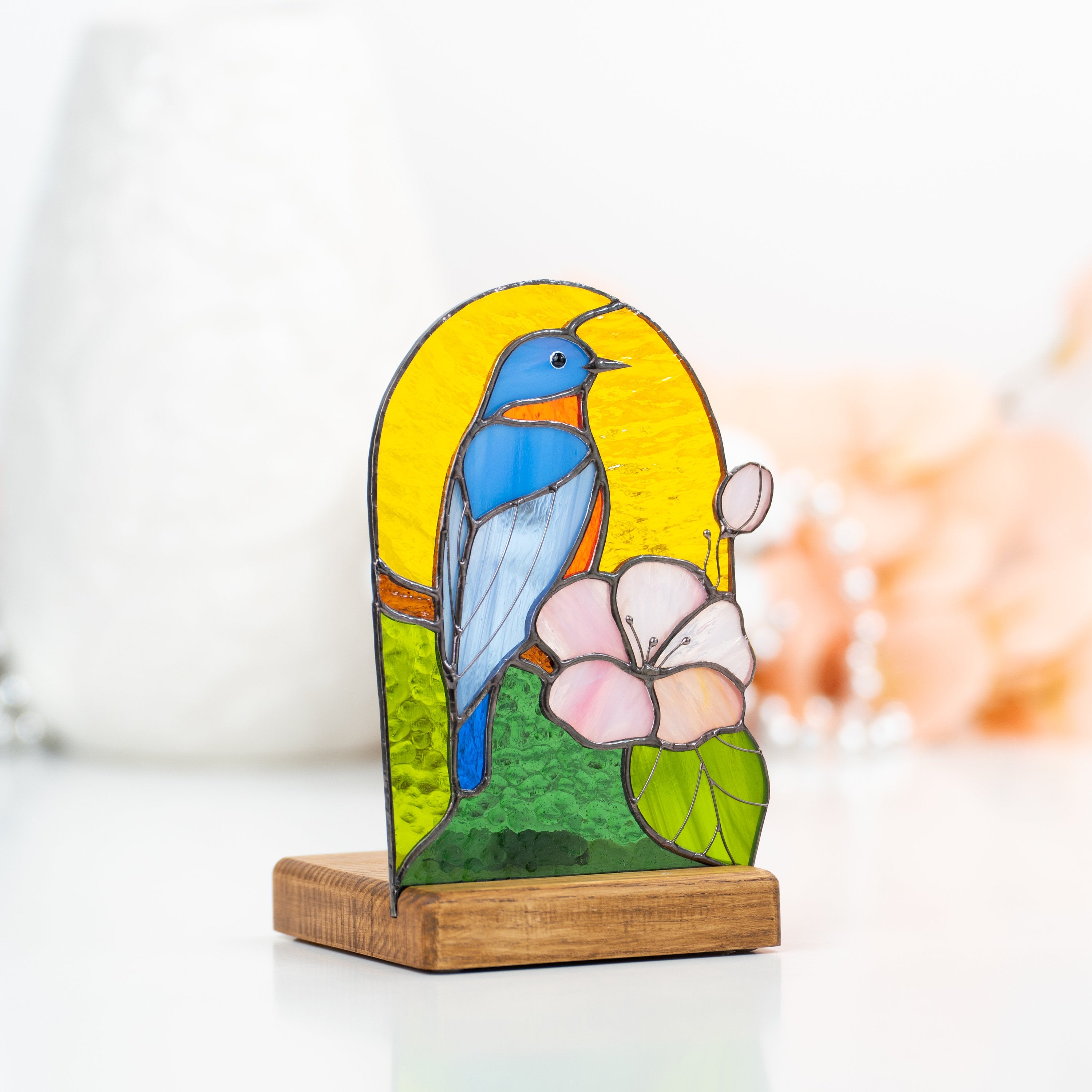 Bluebird stained glass panel House warming gifts new home New mom gift Stained glass candle holder Custom stained glass bird suncatcher