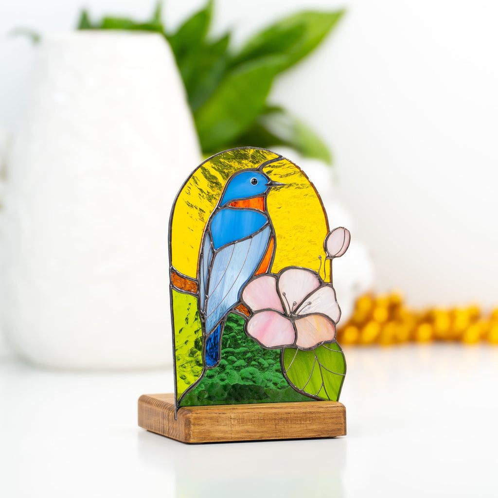 Bluebird stained glass panel House warming gifts new home New mom gift Stained glass candle holder Custom stained glass bird suncatcher