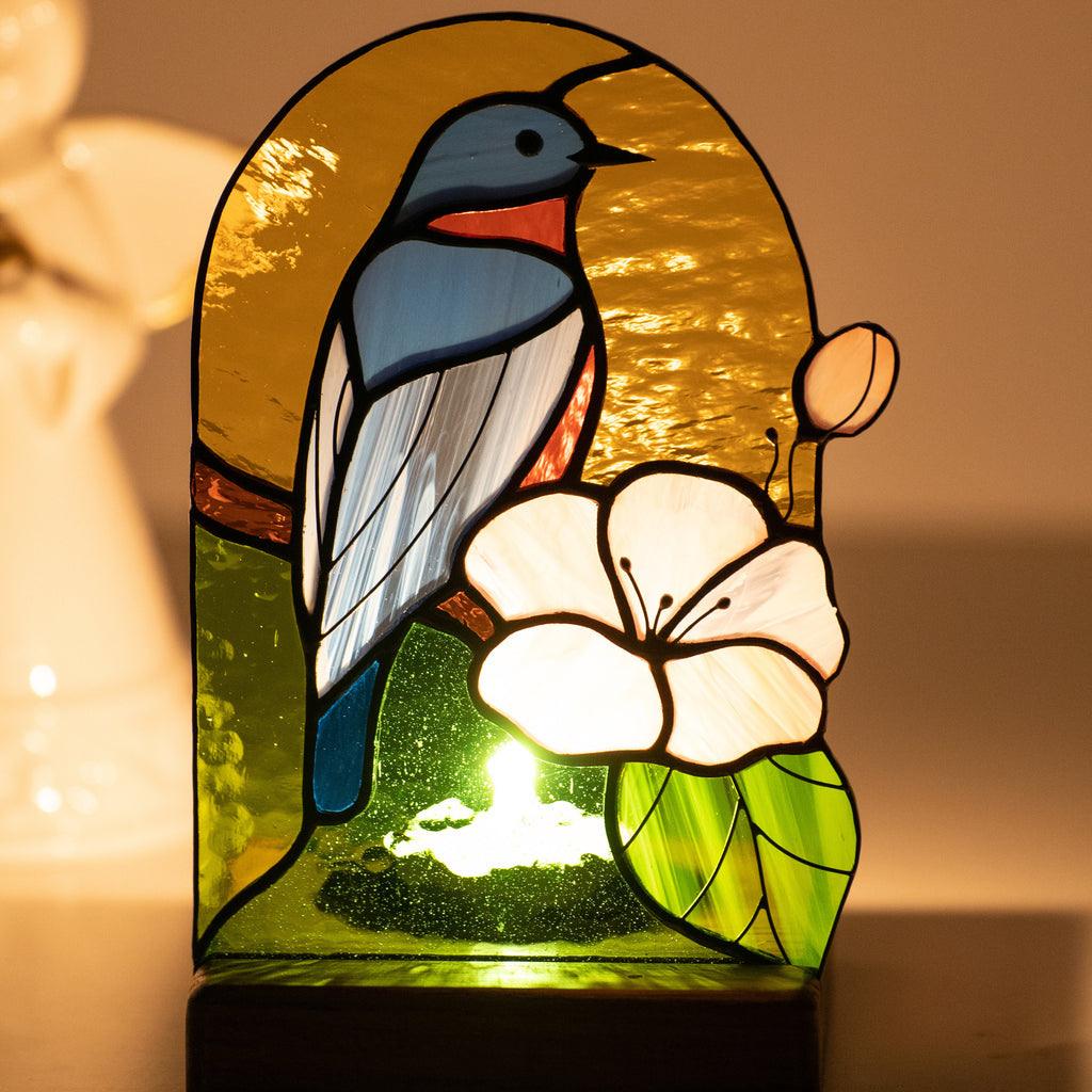Bluebird stained glass panel House warming gifts new home New mom gift Stained glass candle holder Custom stained glass bird suncatcher