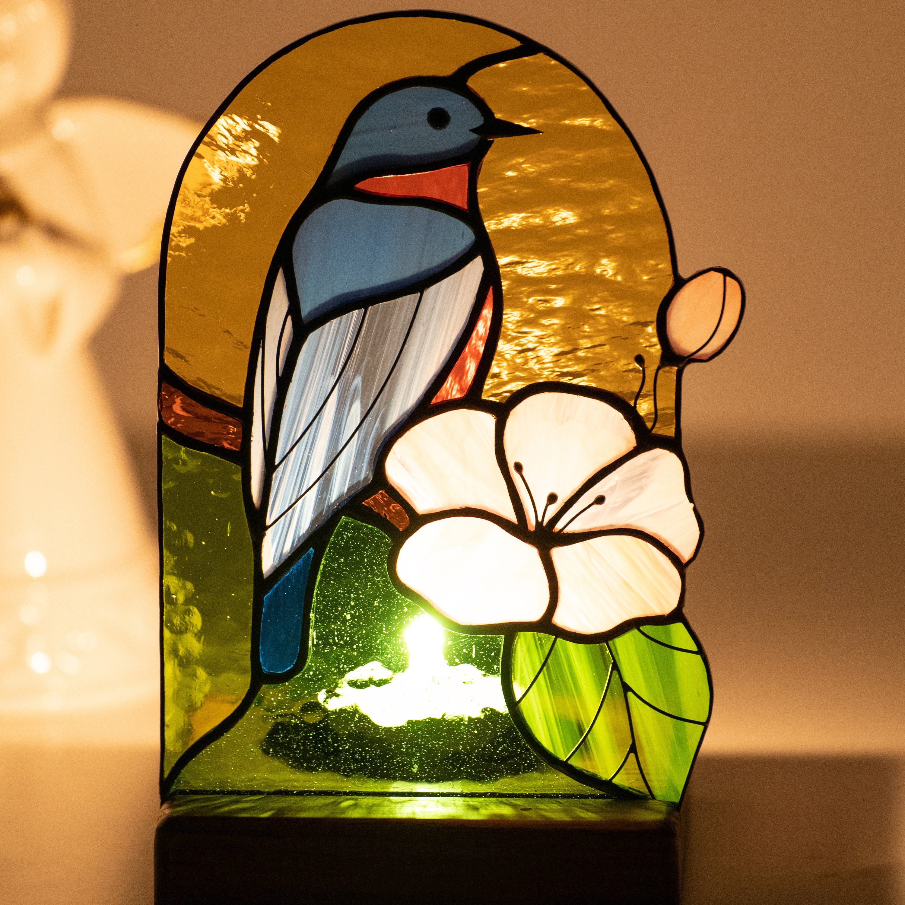 Bluebird stained glass panel House warming gifts new home New mom gift Stained glass candle holder Custom stained glass bird suncatcher