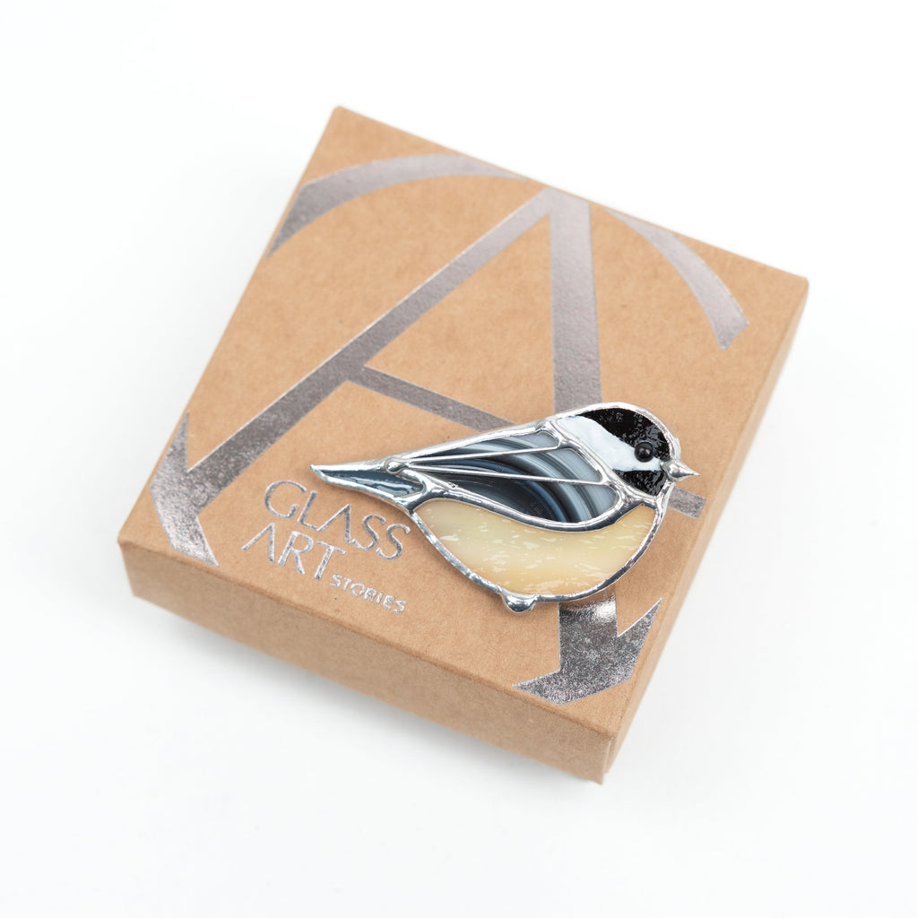 Stained glass bird brooch Unique gift for mom Chickadee bird jewelry