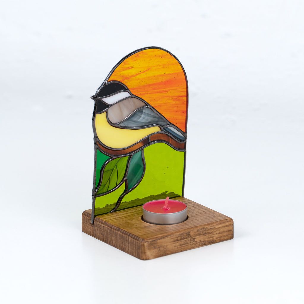 Chickadee stained glass candle holder Grandma gift Custom stained glass bird panel Modern stained glass suncatcher
