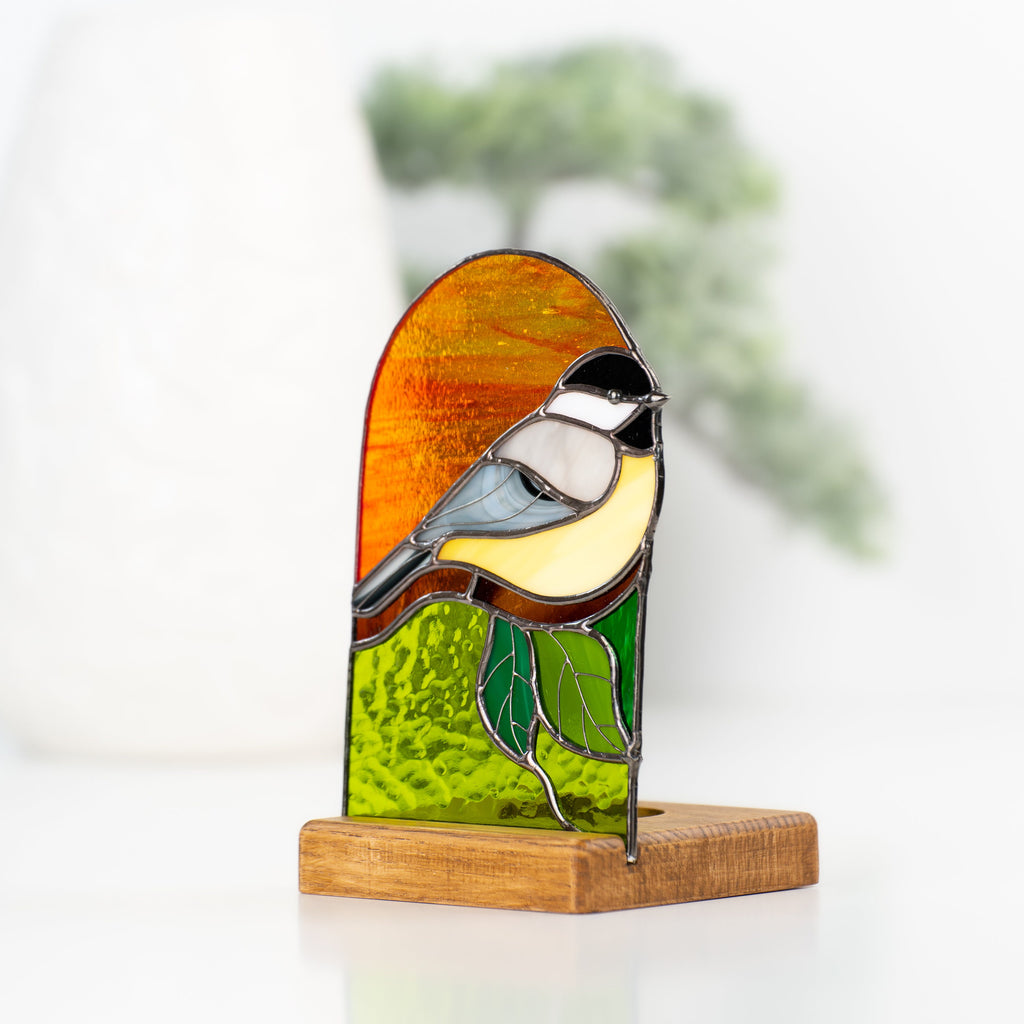 Chickadee stained glass candle holder Grandma gift Custom stained glass bird panel Modern stained glass suncatcher