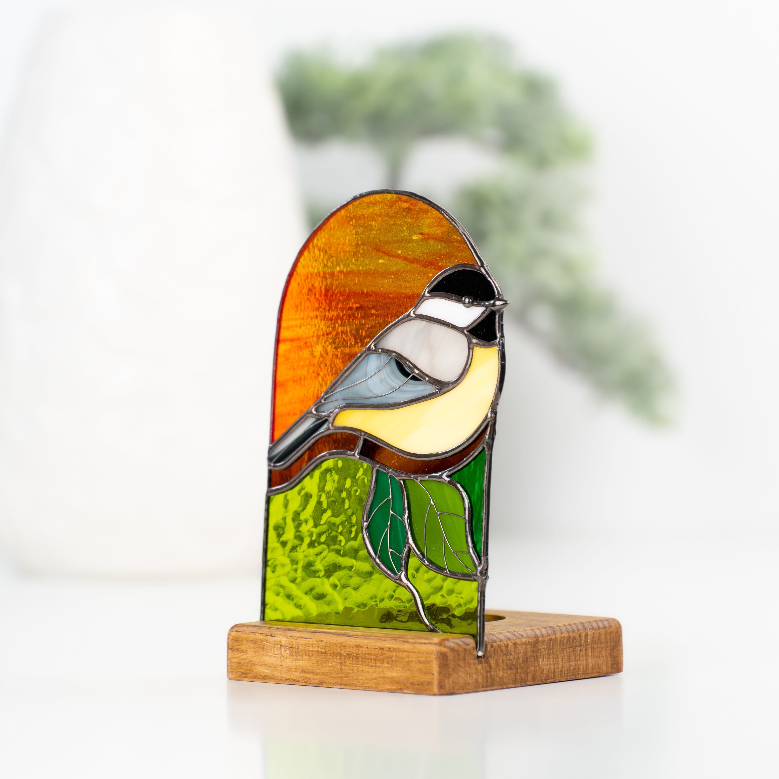 Chickadee stained glass candle holder Grandma gift Custom stained glass bird panel Modern stained glass suncatcher