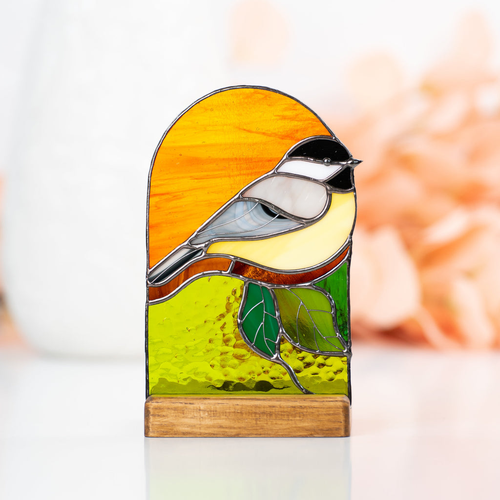 Chickadee stained glass candle holder Grandma gift Custom stained glass bird panel Modern stained glass suncatcher