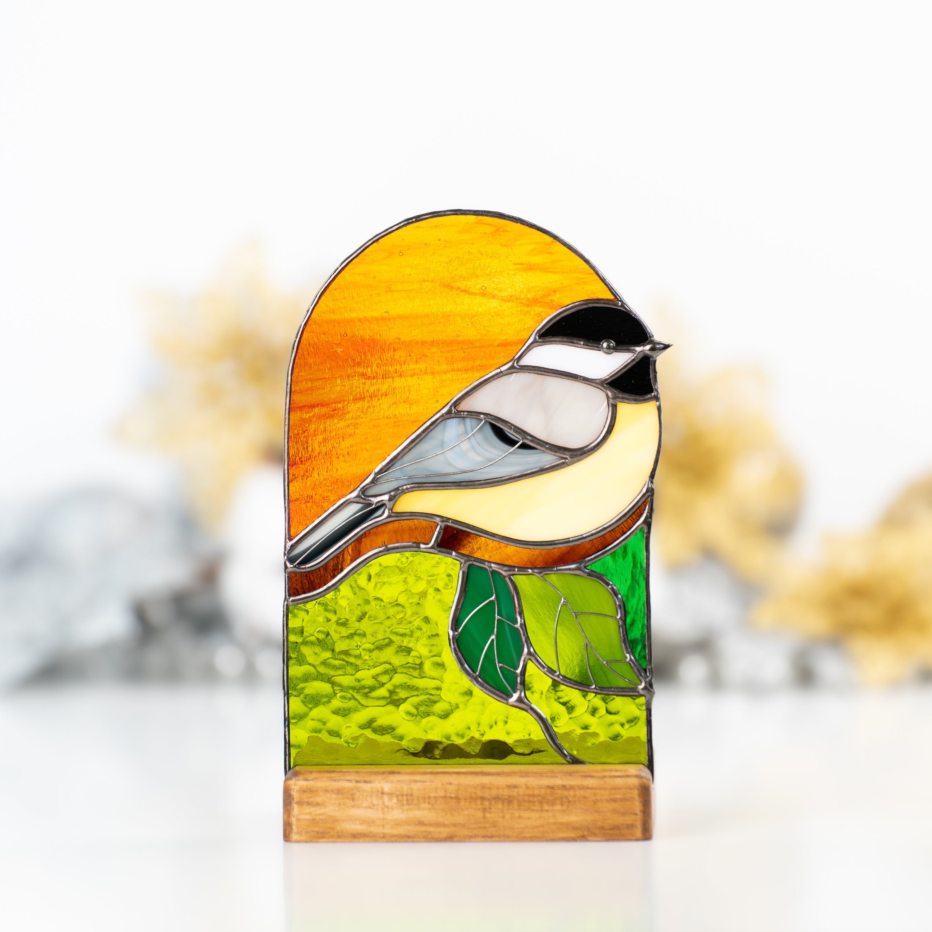 Chickadee stained glass candle holder Grandma gift Custom stained glass bird panel Modern stained glass suncatcher