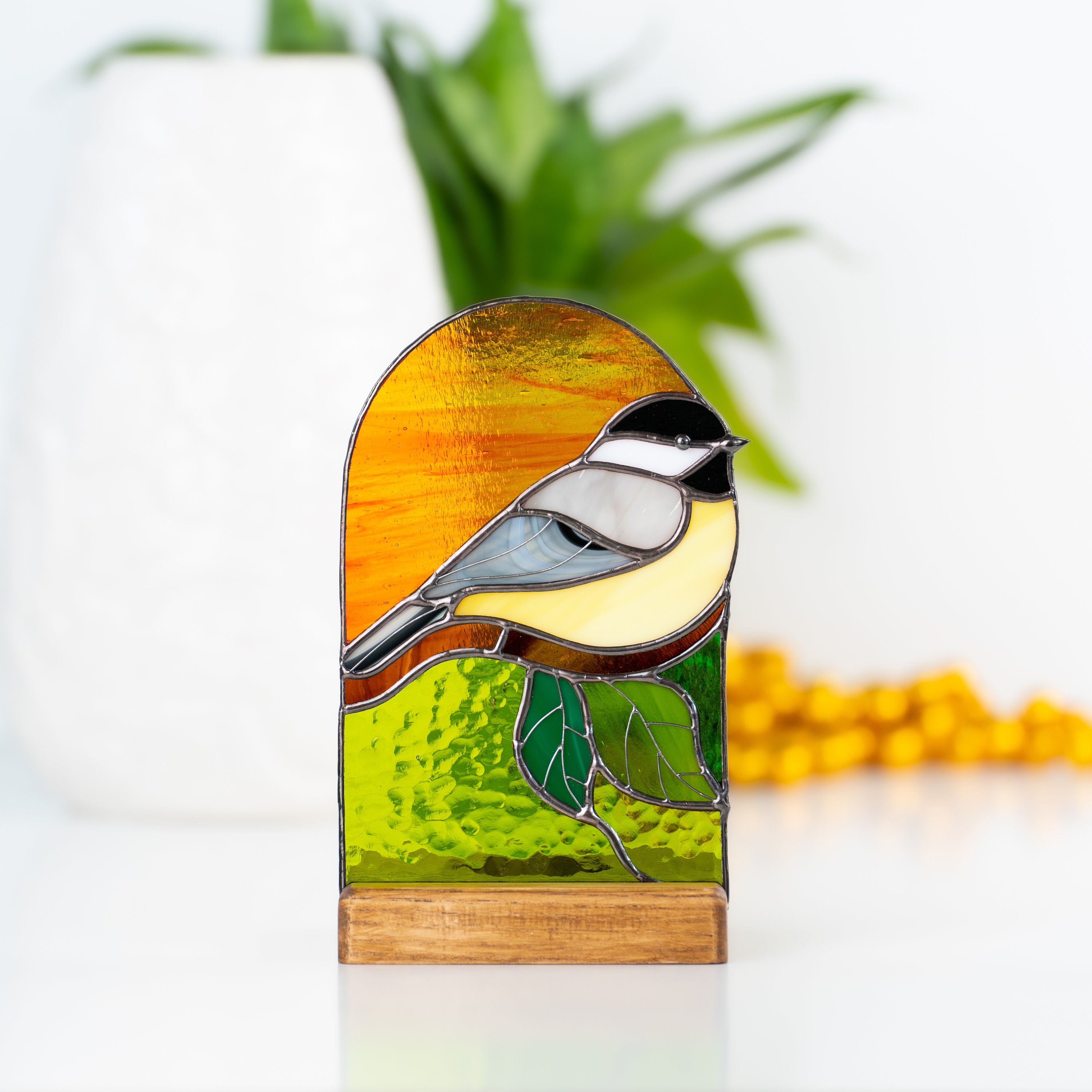 Chickadee stained glass candle holder Grandma gift Custom stained glass bird panel Modern stained glass suncatcher