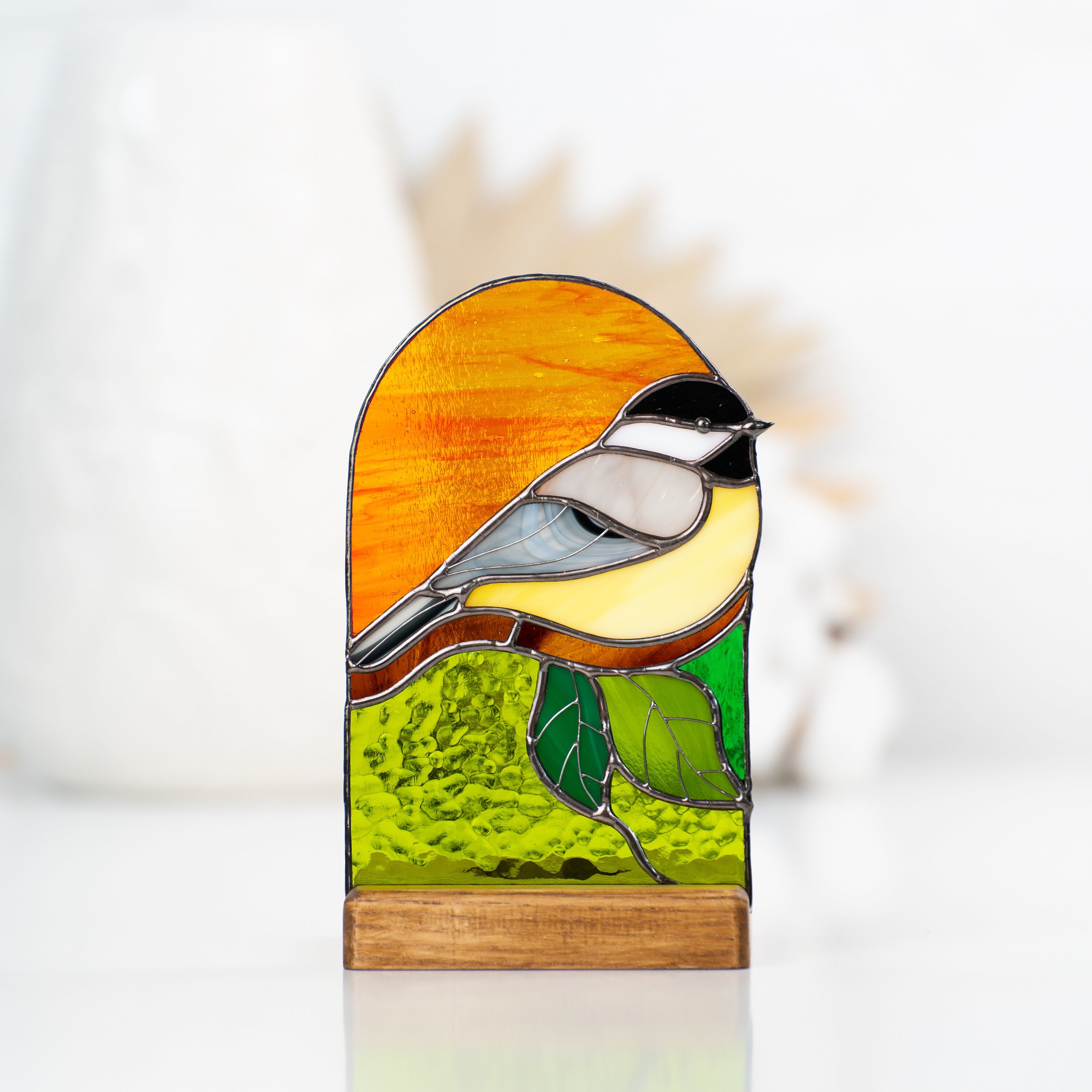 Chickadee stained glass candle holder Grandma gift Custom stained glass bird panel Modern stained glass suncatcher