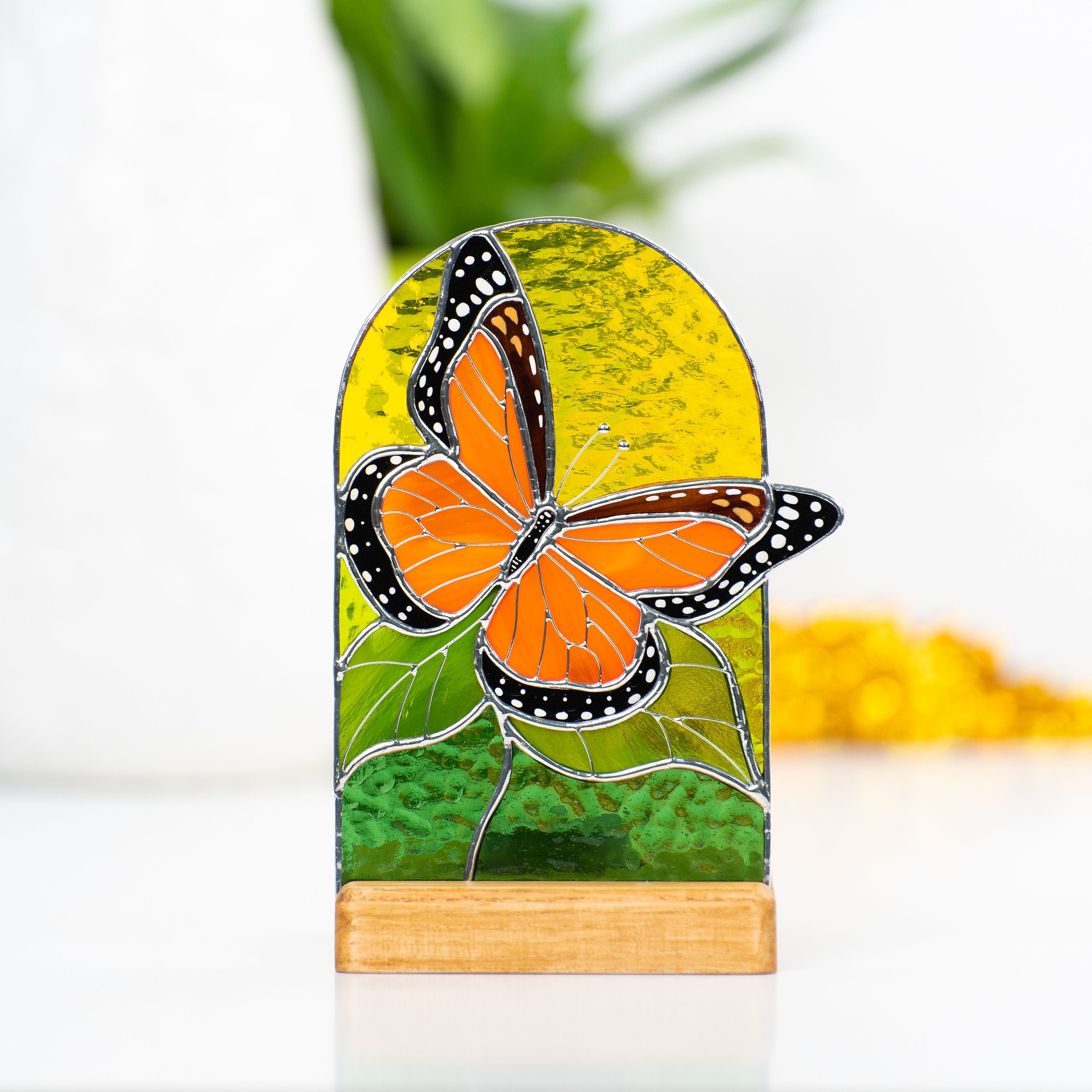 Monarch butterfly stained glass panel Best gift for mom Custom stained glass art Stained glass candle holder