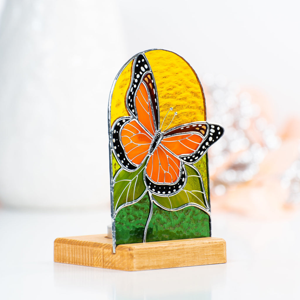 Monarch butterfly stained glass panel Best gift for mom Custom stained glass art Stained glass candle holder