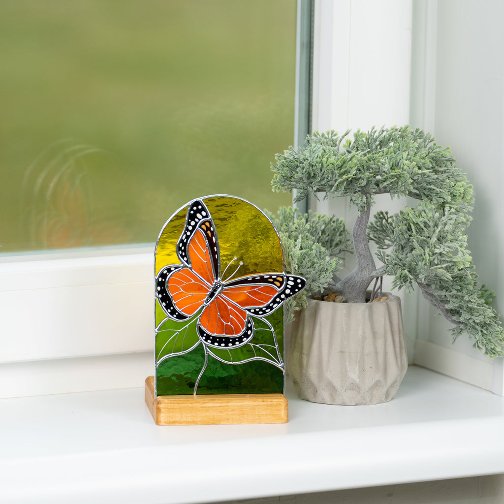 Monarch butterfly stained glass panel Best gift for mom Custom stained glass art Stained glass candle holder