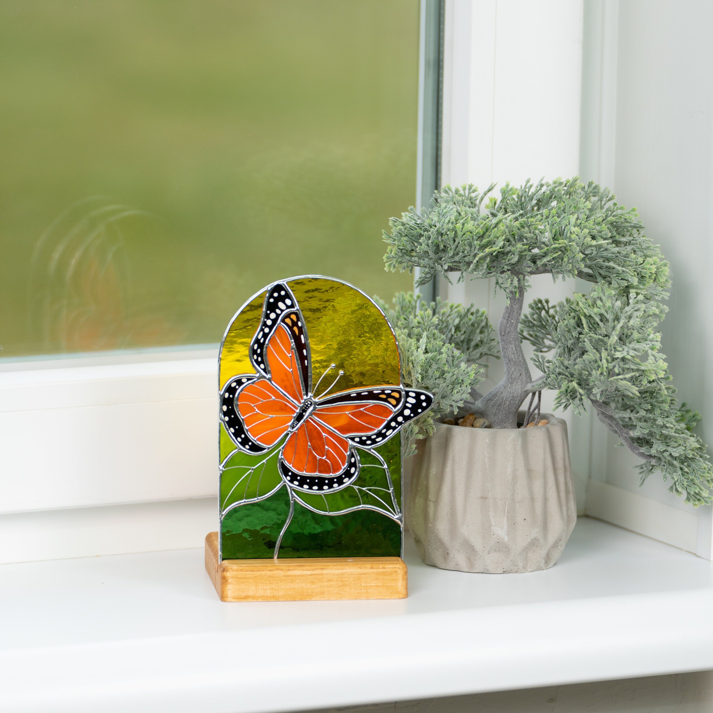 Monarch butterfly stained glass panel Best gift for mom Custom stained glass art Stained glass candle holder