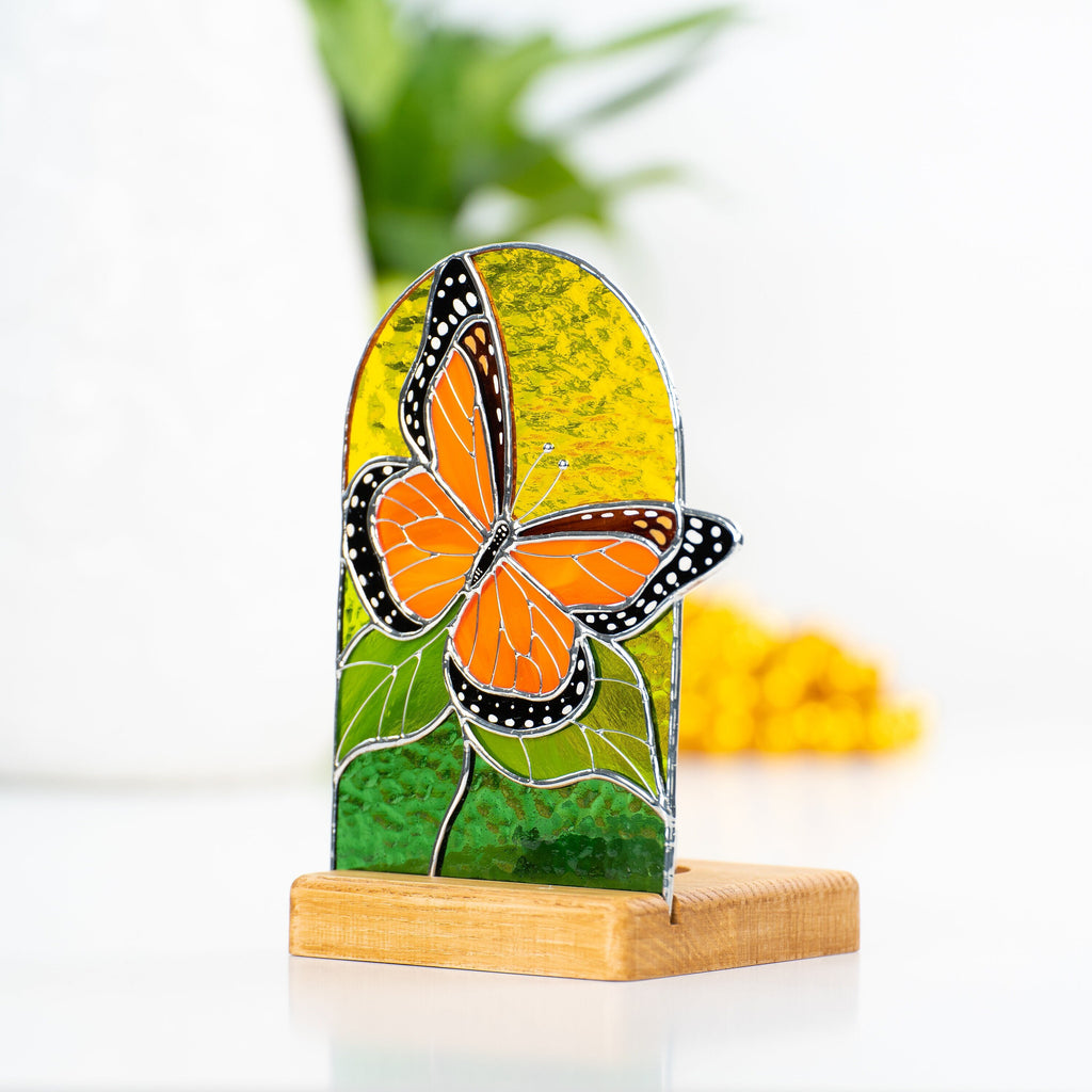 Monarch butterfly stained glass panel Best gift for mom Custom stained glass art Stained glass candle holder