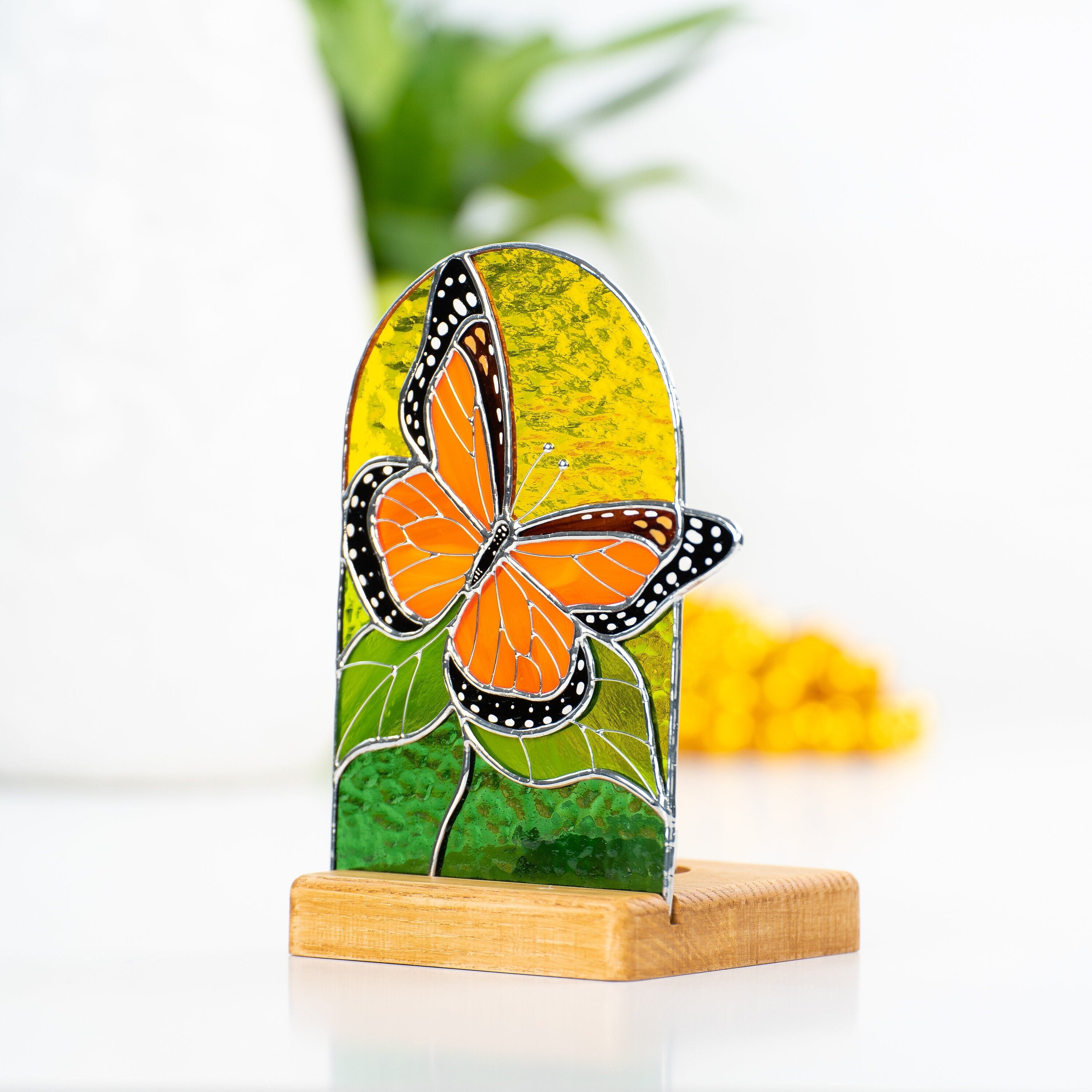 Monarch butterfly stained glass panel Best gift for mom Custom stained glass art Stained glass candle holder