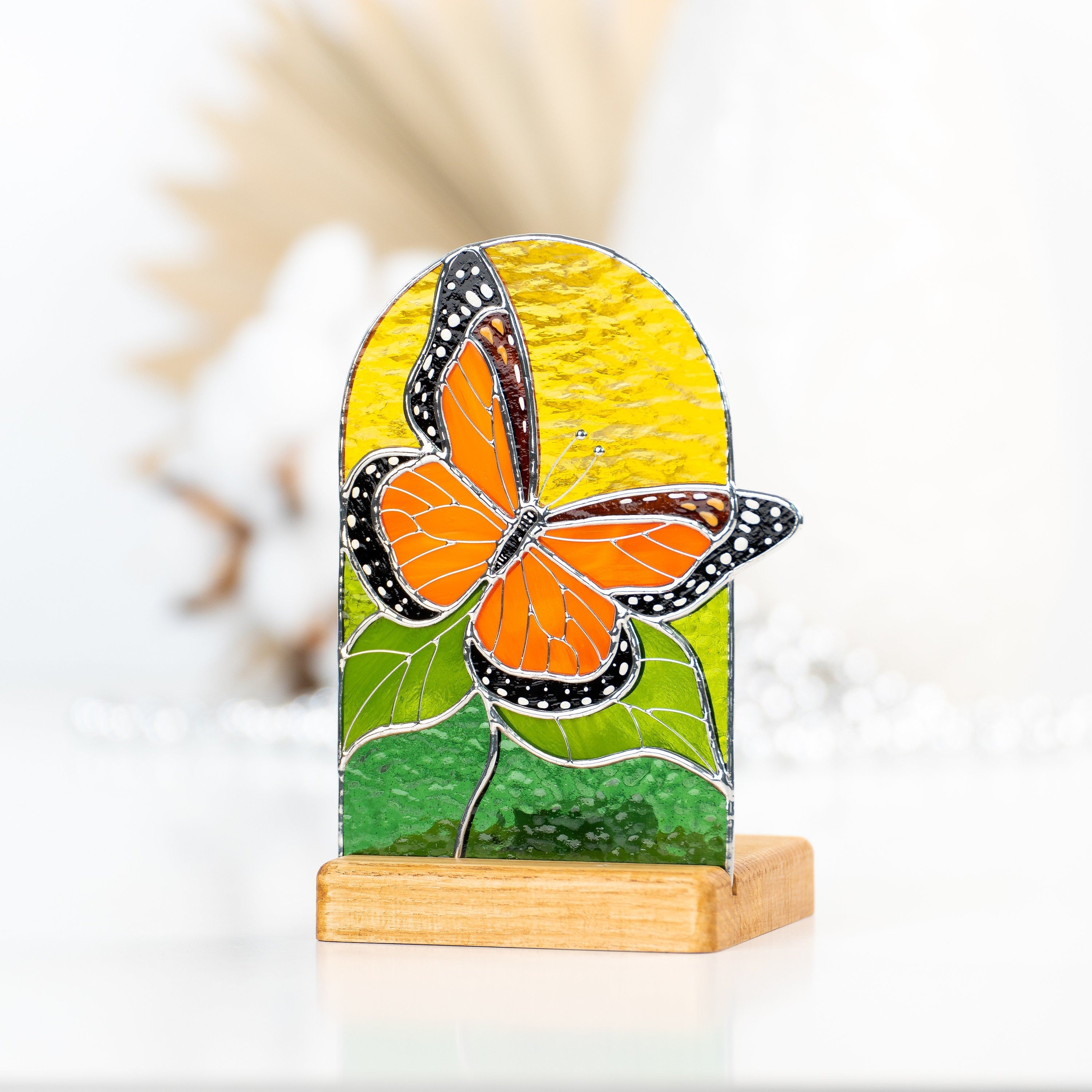 Monarch butterfly stained glass panel Best gift for mom Custom stained glass art Stained glass candle holder