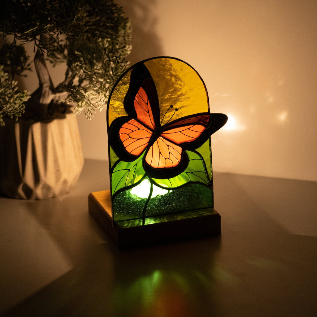 Monarch butterfly stained glass panel Best gift for mom Custom stained glass art Stained glass candle holder