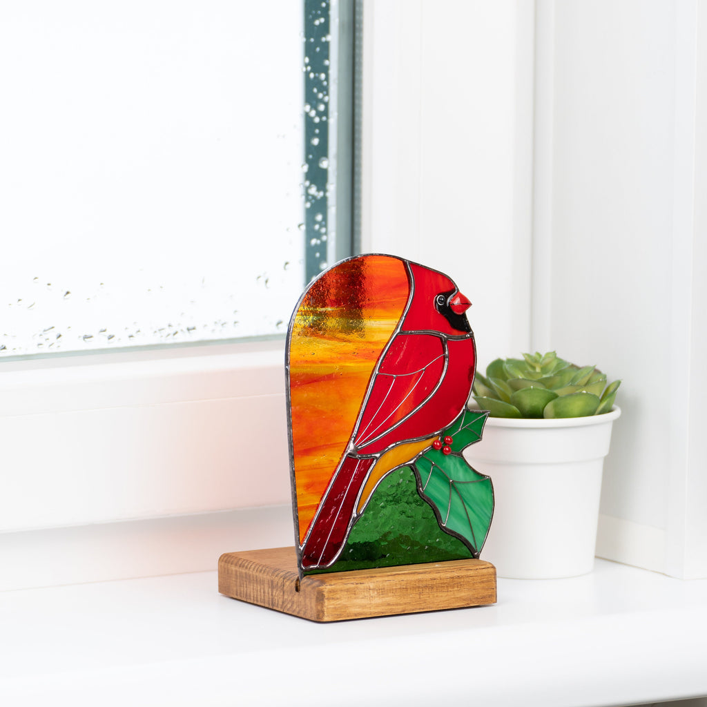 Stained glass cardinal suncatcher Godfather gift Cardinal ornament Wood candle holder Custom stained glass window panel with Holly Leaves